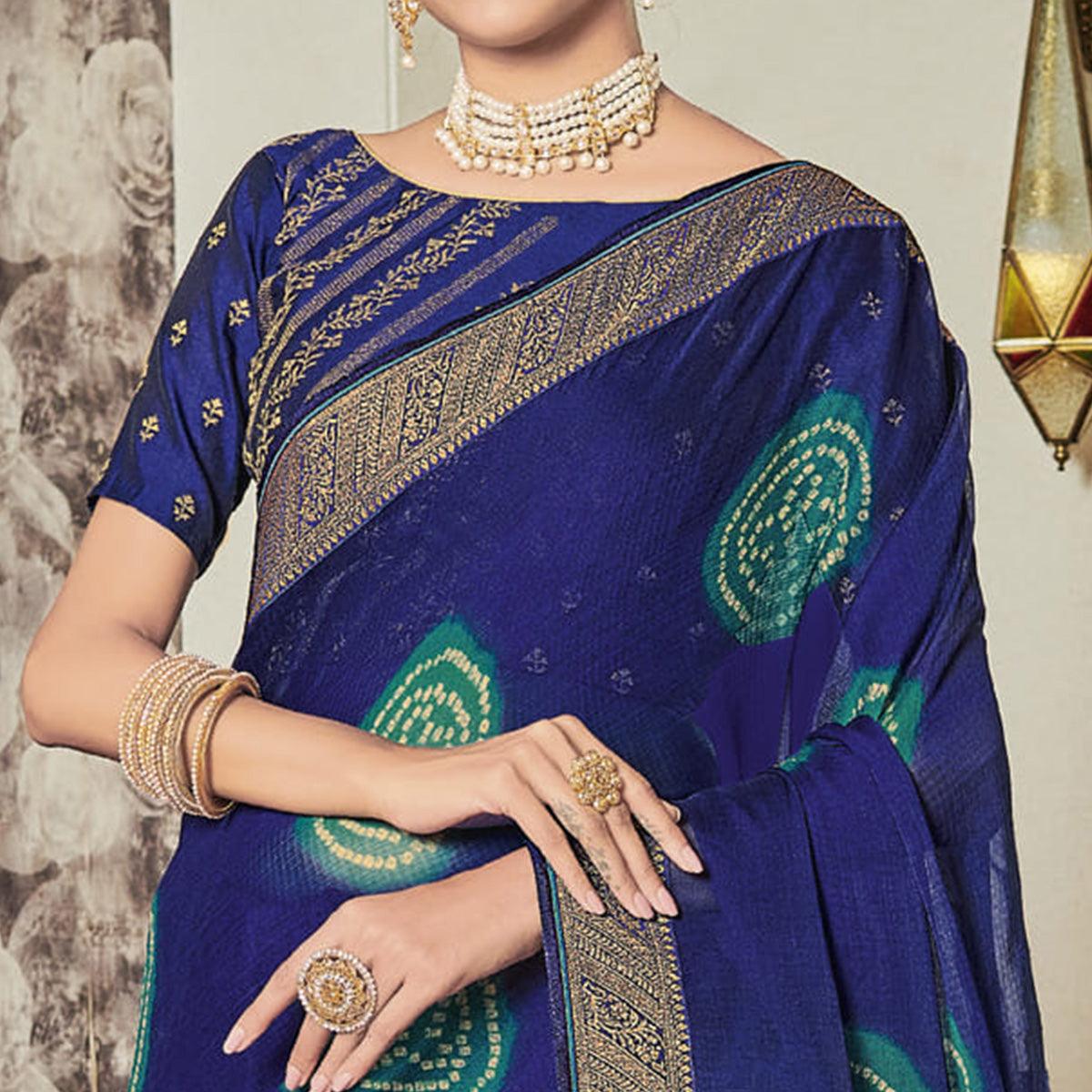 Indigo Blue Casual Wear Bandhani Printed Chiffon Saree - Peachmode