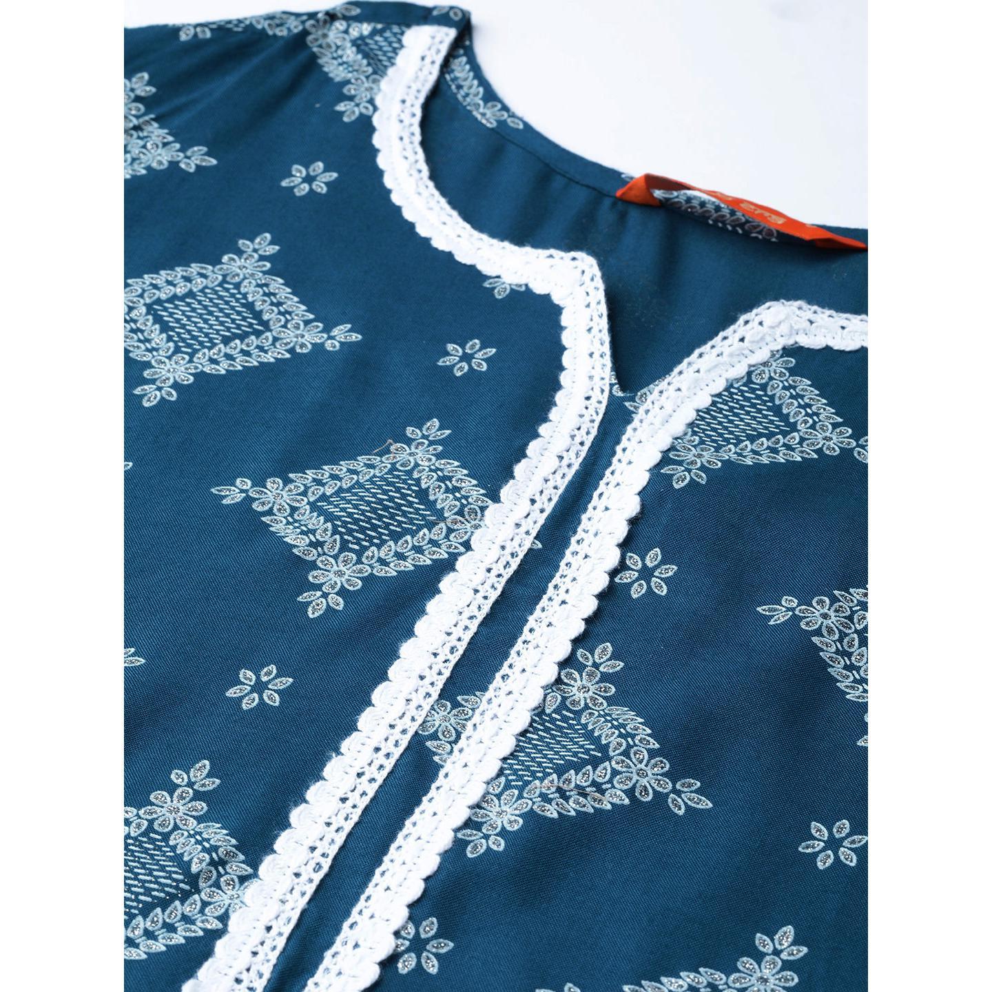 Indo Era - Blue Floral Foil Printed Straight Kurta with Palazzo Set - Peachmode