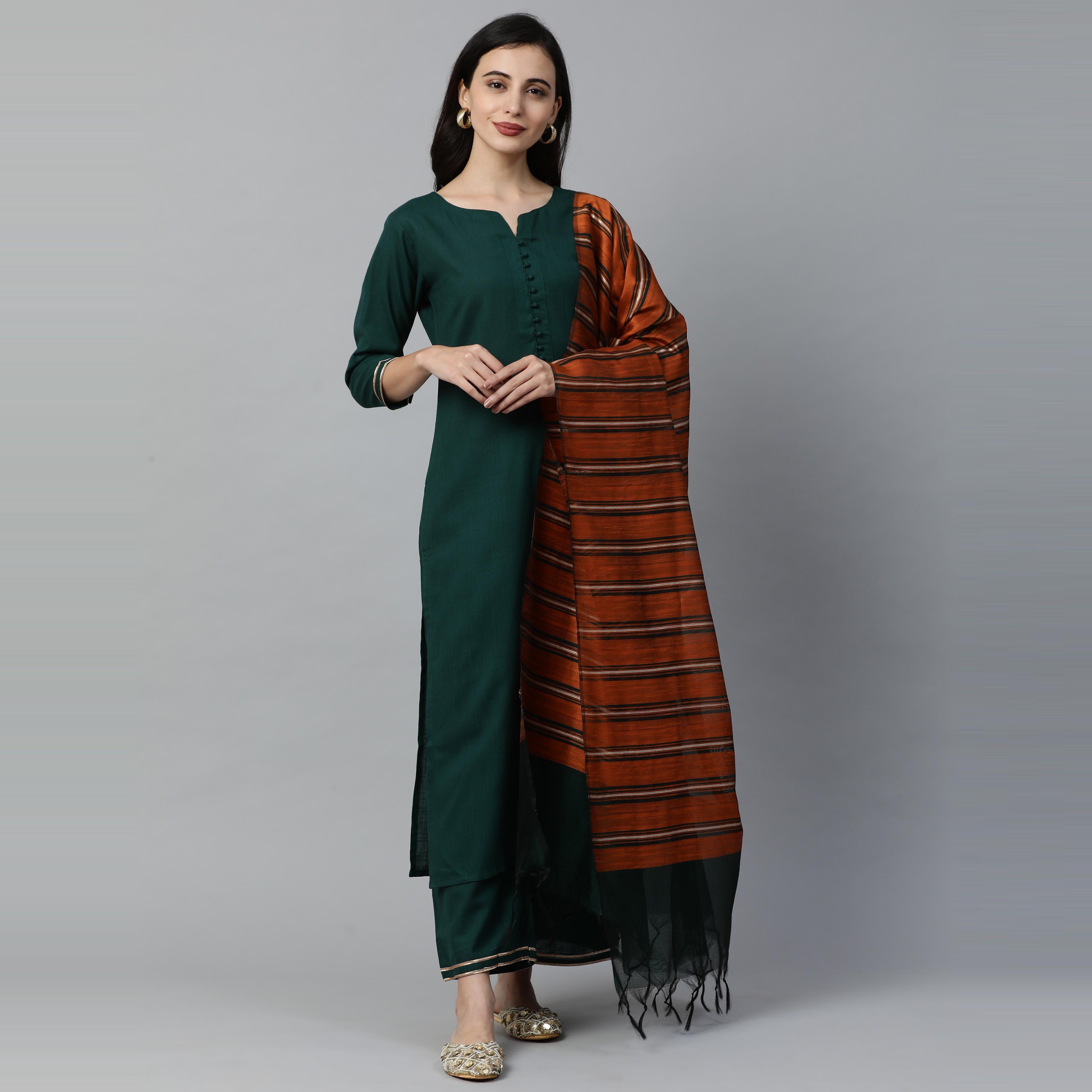 Indo Era - Green Solid Straight Kurta Palazzo with Dupatta Set - Peachmode