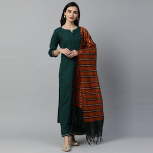 Indo Era - Green Solid Straight Kurta Palazzo with Dupatta Set - Peachmode
