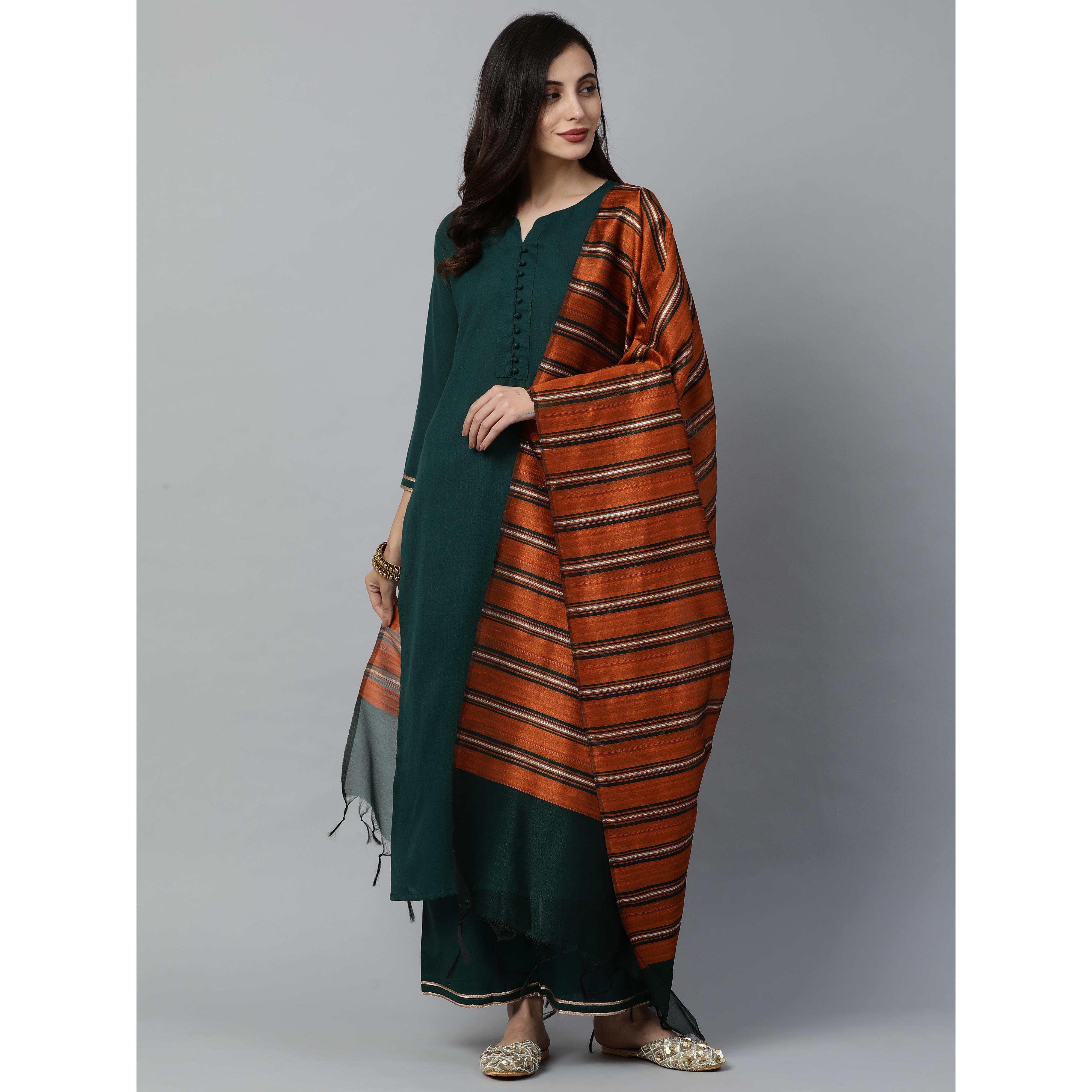 Indo Era - Green Solid Straight Kurta Palazzo with Dupatta Set - Peachmode