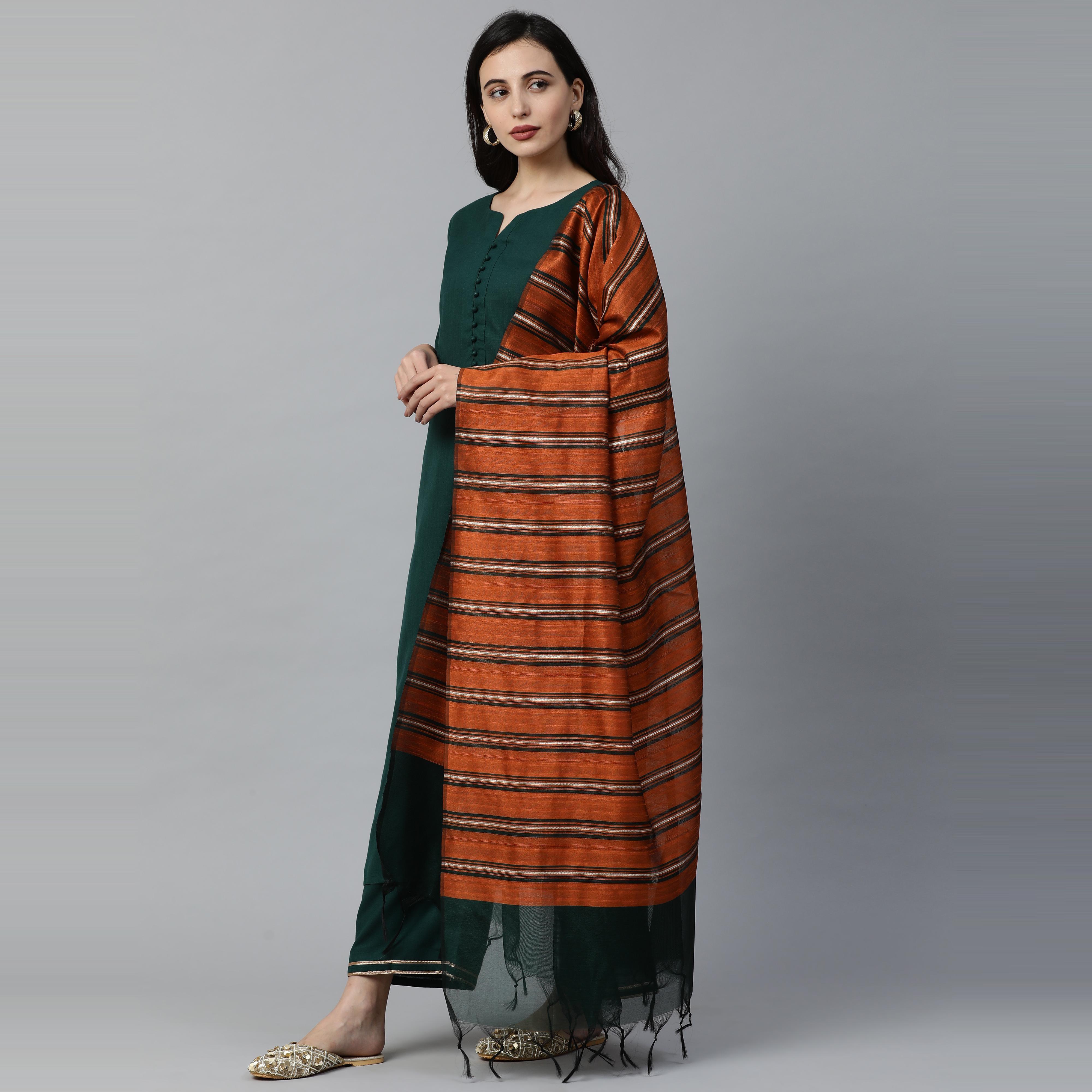 Indo Era - Green Solid Straight Kurta Palazzo with Dupatta Set - Peachmode