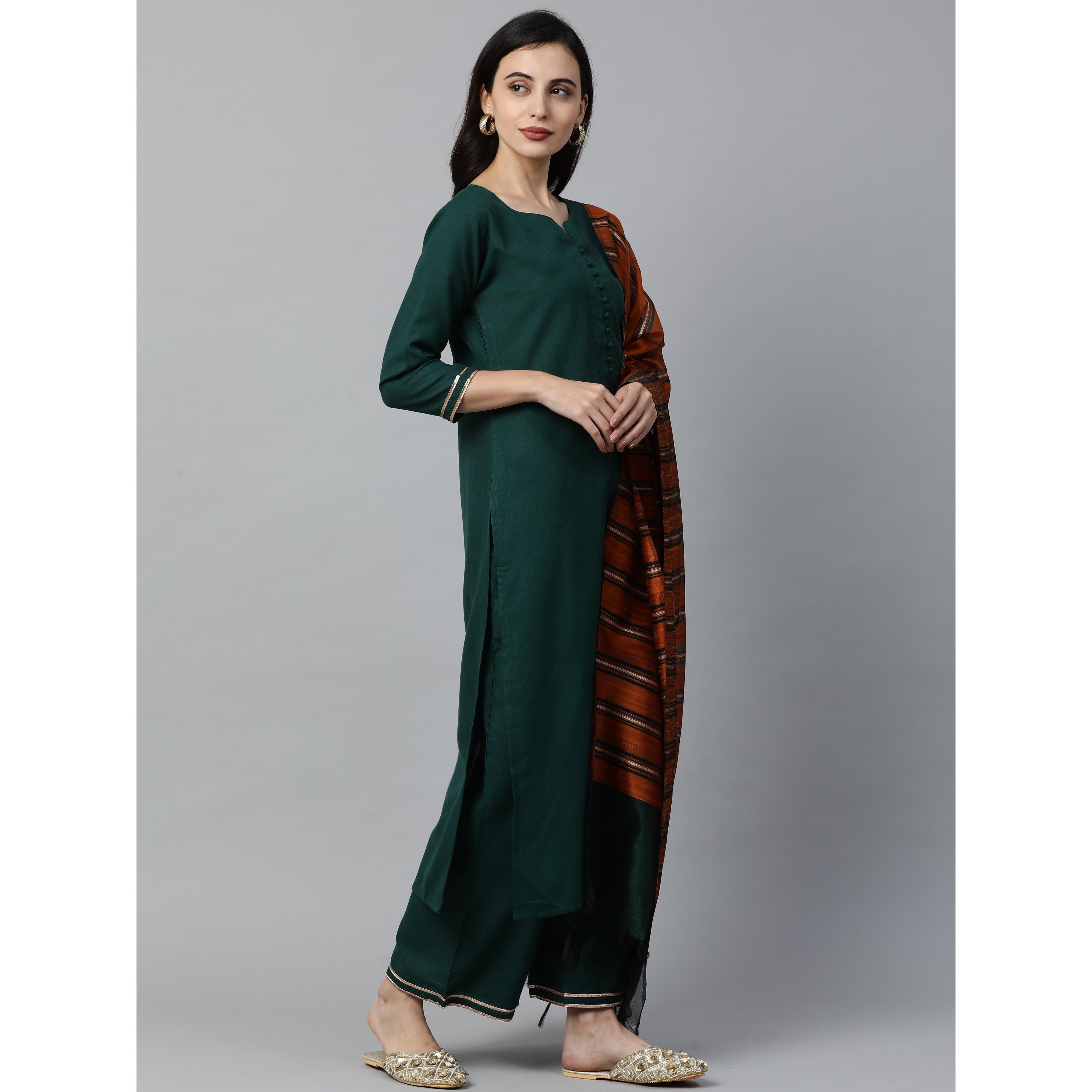 Indo Era - Green Solid Straight Kurta Palazzo with Dupatta Set - Peachmode