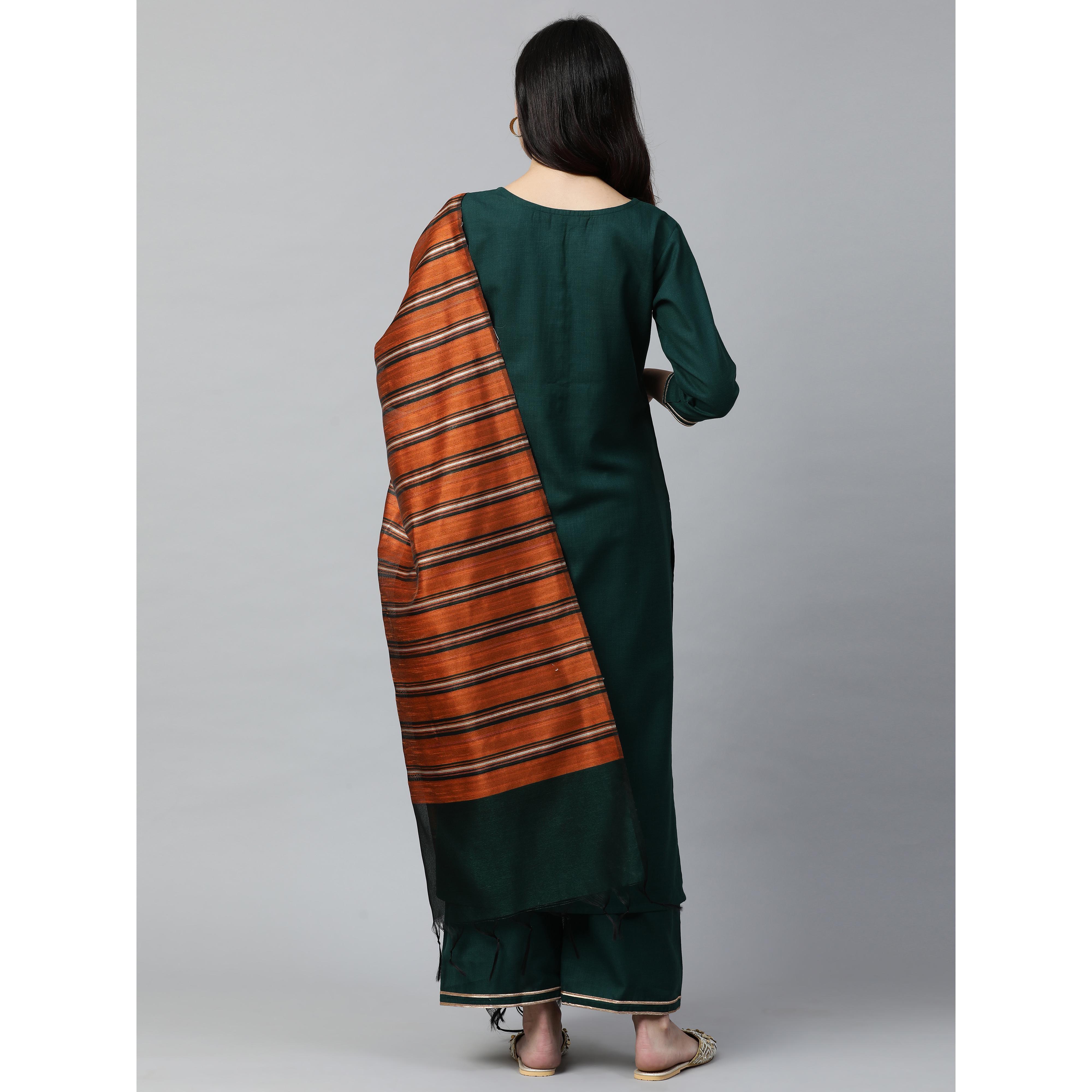 Indo Era - Green Solid Straight Kurta Palazzo with Dupatta Set - Peachmode