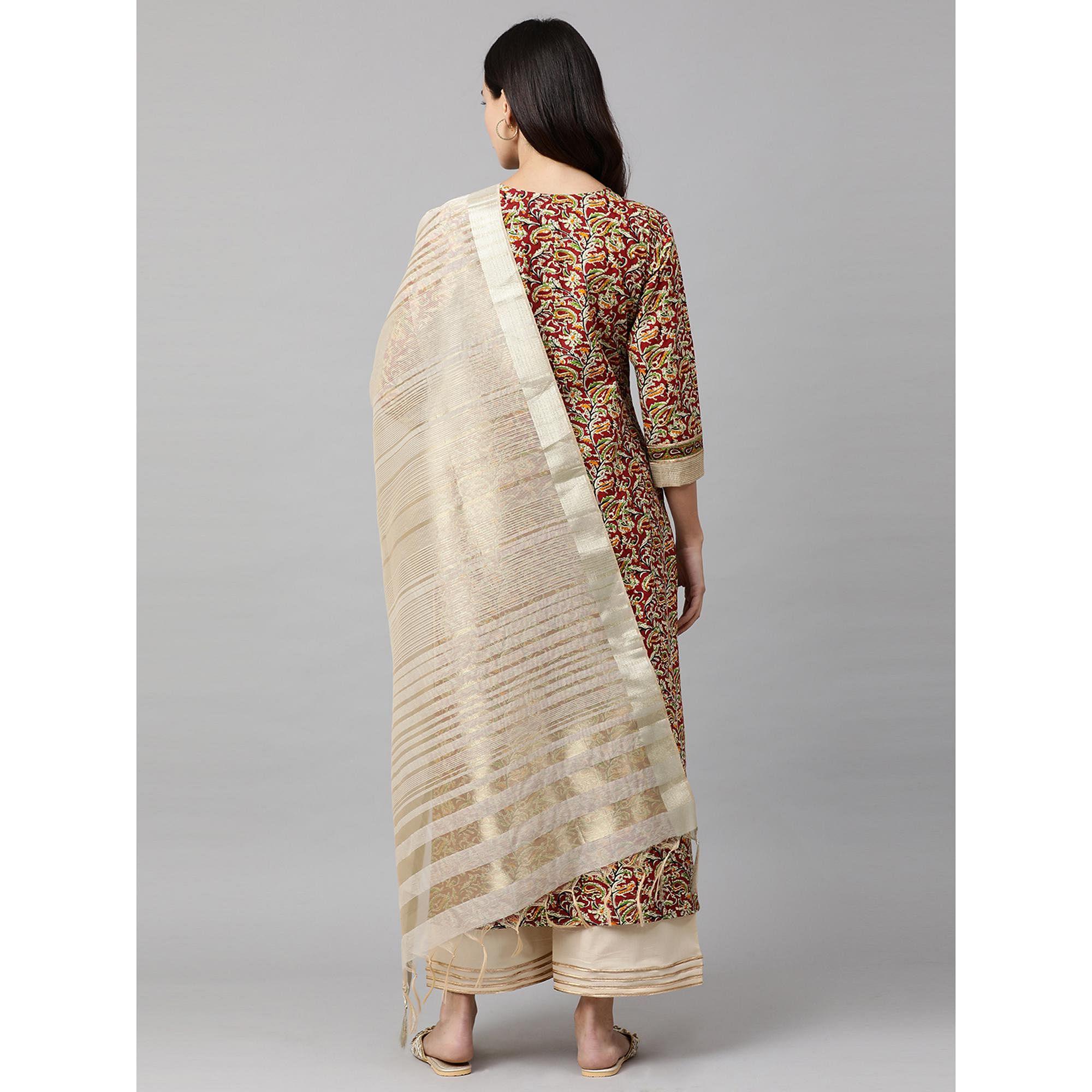 Indo Era - Maroon Printed Straight Kurta Palazzo with Dupatta Sets - Peachmode