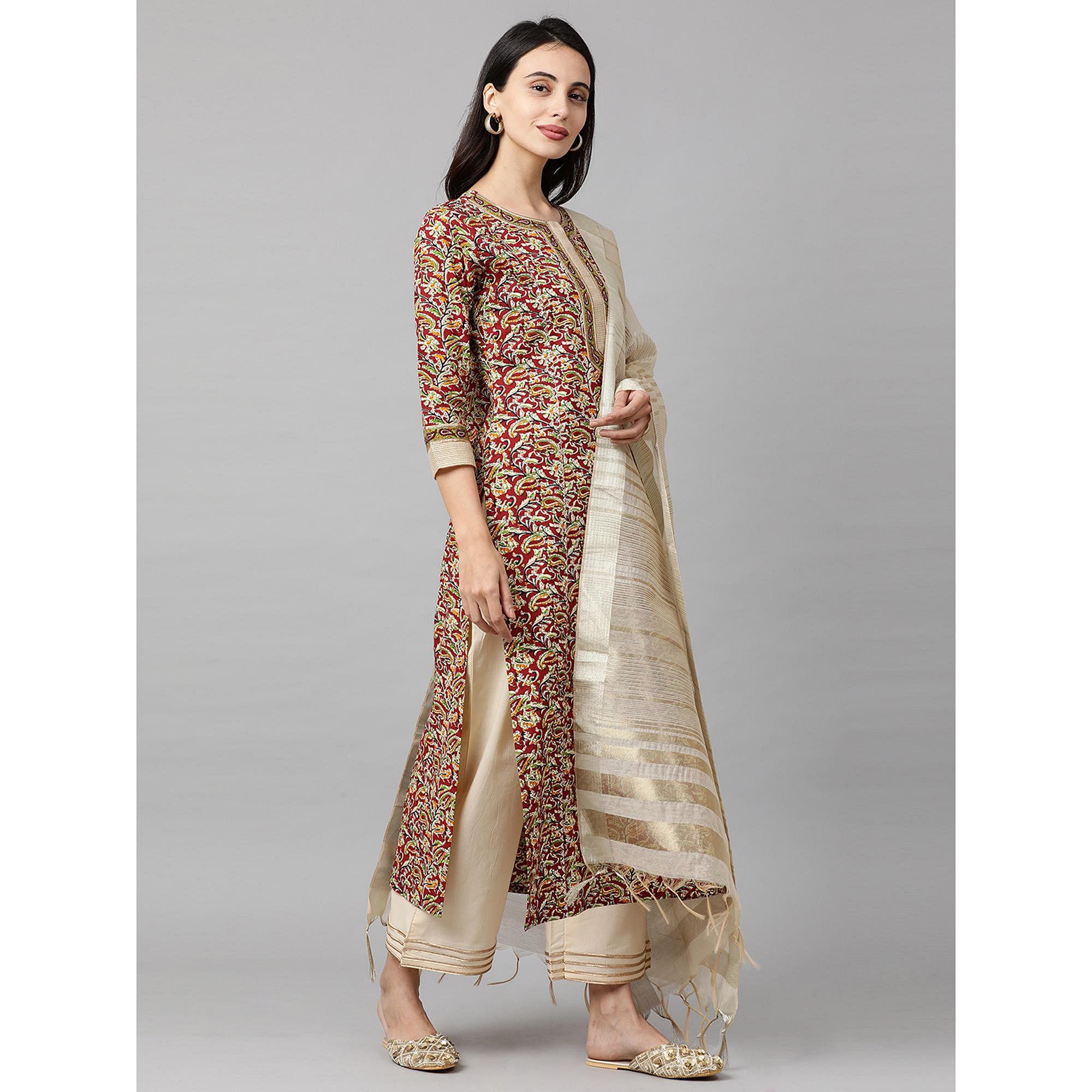 Indo Era - Maroon Printed Straight Kurta Palazzo with Dupatta Sets - Peachmode