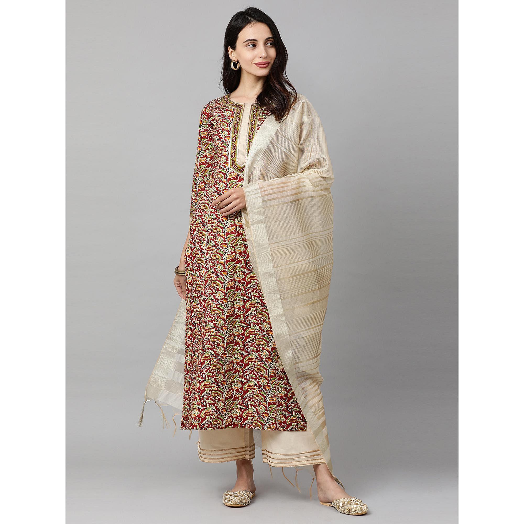 Indo Era - Maroon Printed Straight Kurta Palazzo with Dupatta Sets - Peachmode