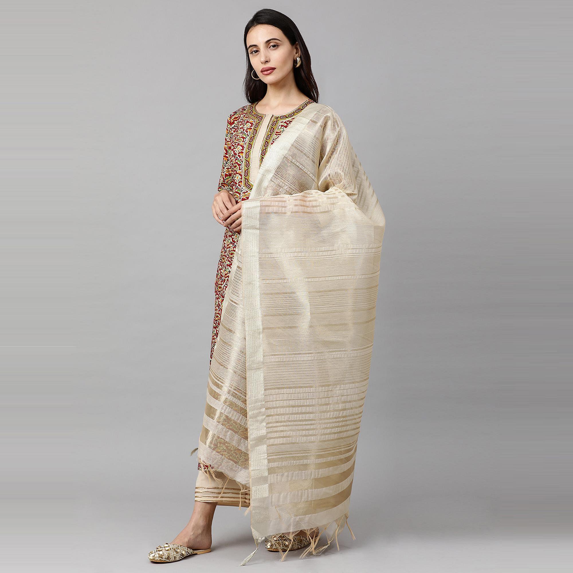 Indo Era - Maroon Printed Straight Kurta Palazzo with Dupatta Sets - Peachmode