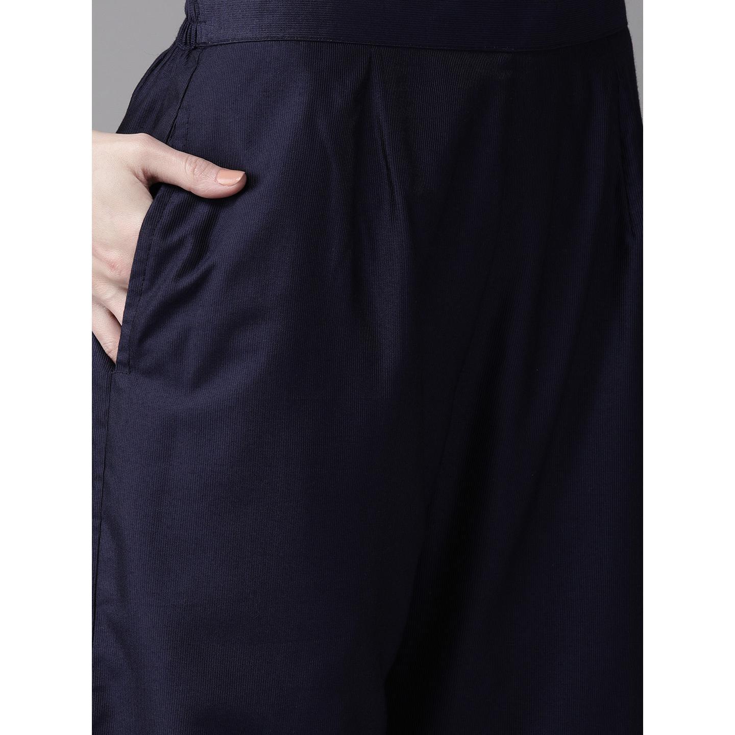 Indo Era - Navy Blue Foil Printed Straight Kurta with Palazzo Set - Peachmode