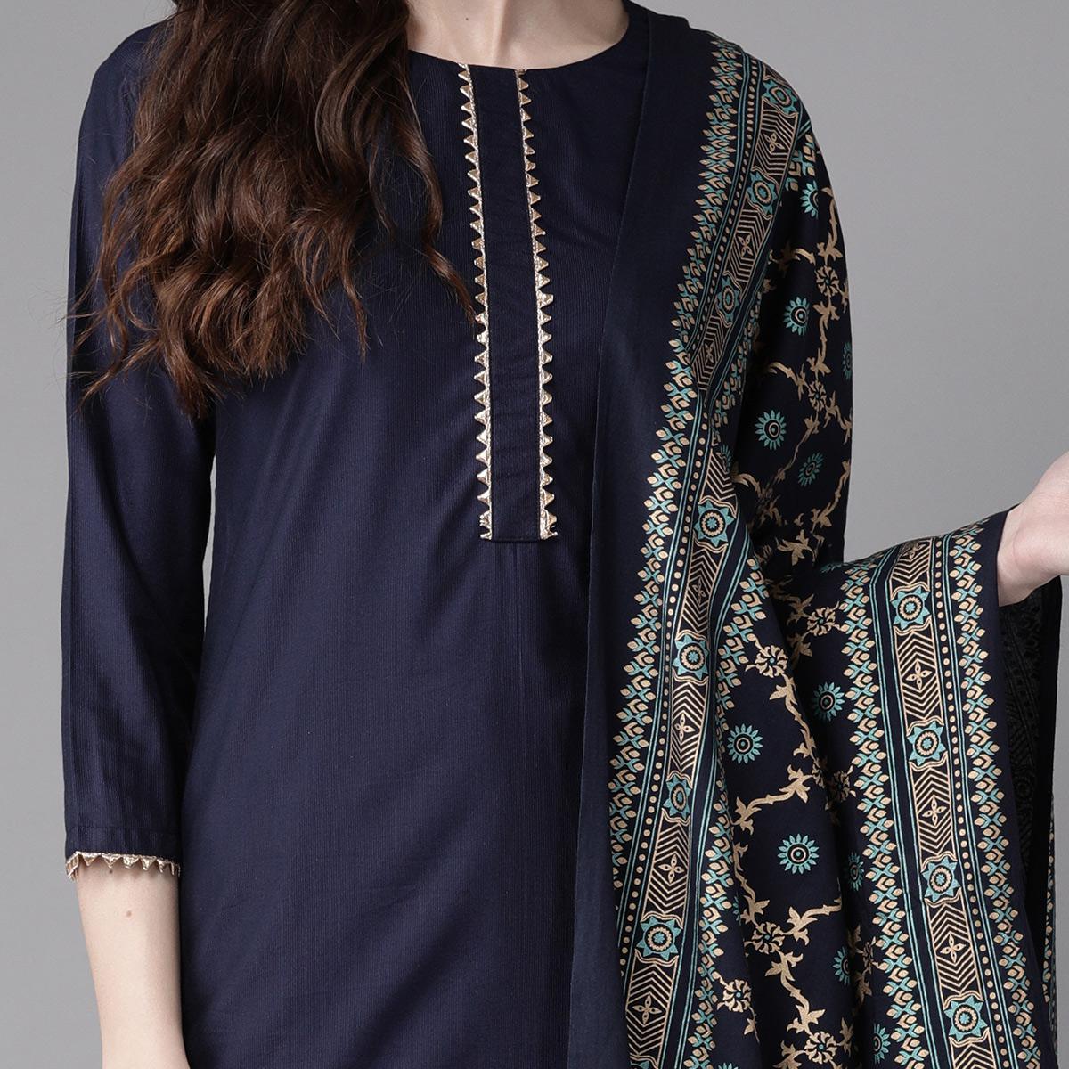 Indo Era - Navy Blue Foil Printed Straight Kurta with Palazzo Set - Peachmode