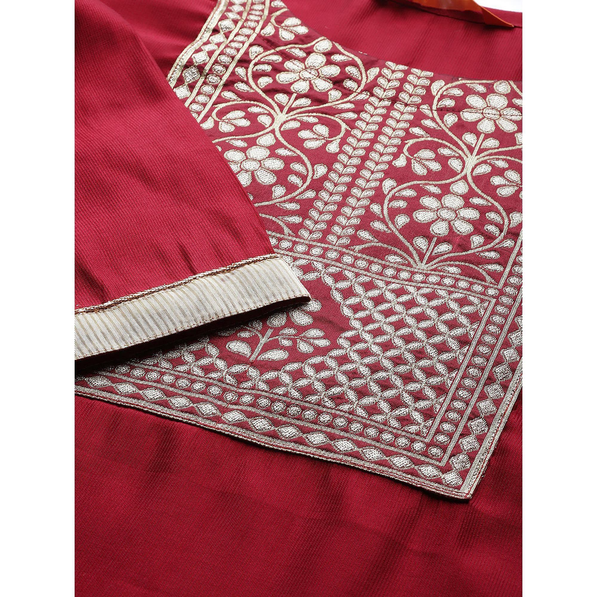 Indo Era - Red Solid Straight Kurta Trouser Set with Dupatta - Peachmode