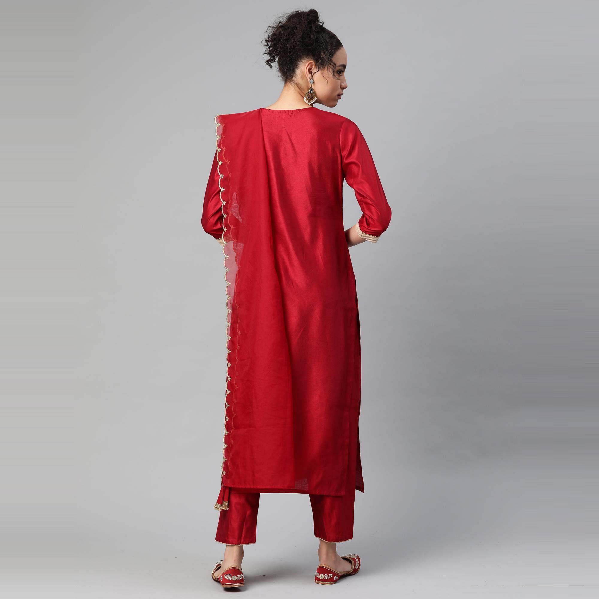 Indo Era - Red Solid Straight Kurta Trouser Set with Dupatta - Peachmode