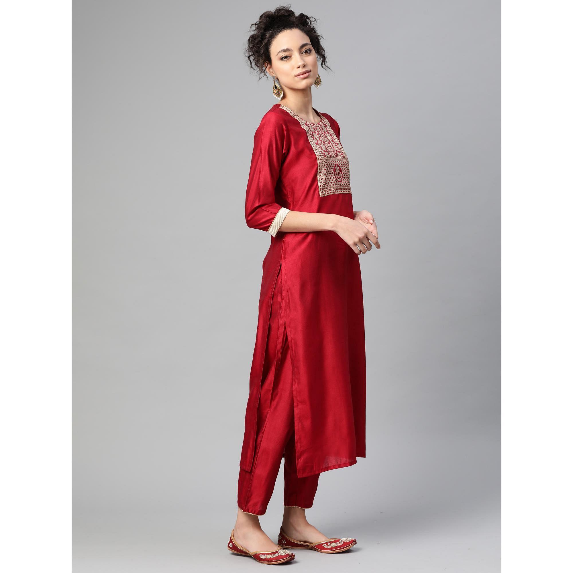 Indo Era - Red Solid Straight Kurta Trouser Set with Dupatta - Peachmode