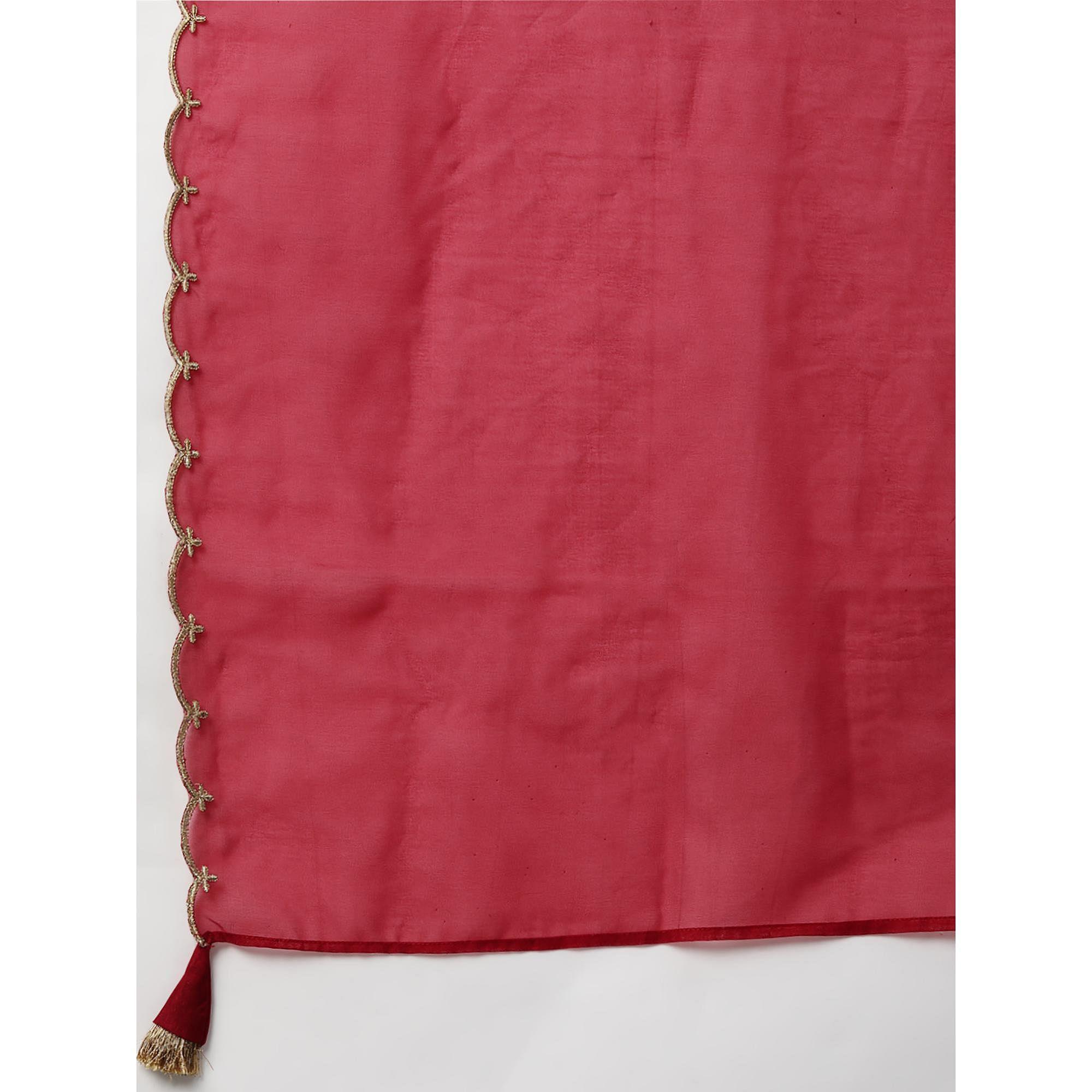 Indo Era - Red Solid Straight Kurta Trouser Set with Dupatta - Peachmode