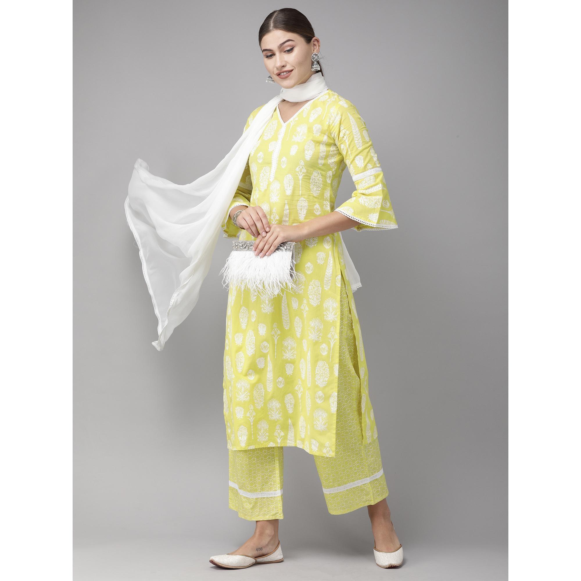 Indo Era Yellow Foil Printed Straight Pure Cotton Kurta Palazzo with Dupatta Set - Peachmode