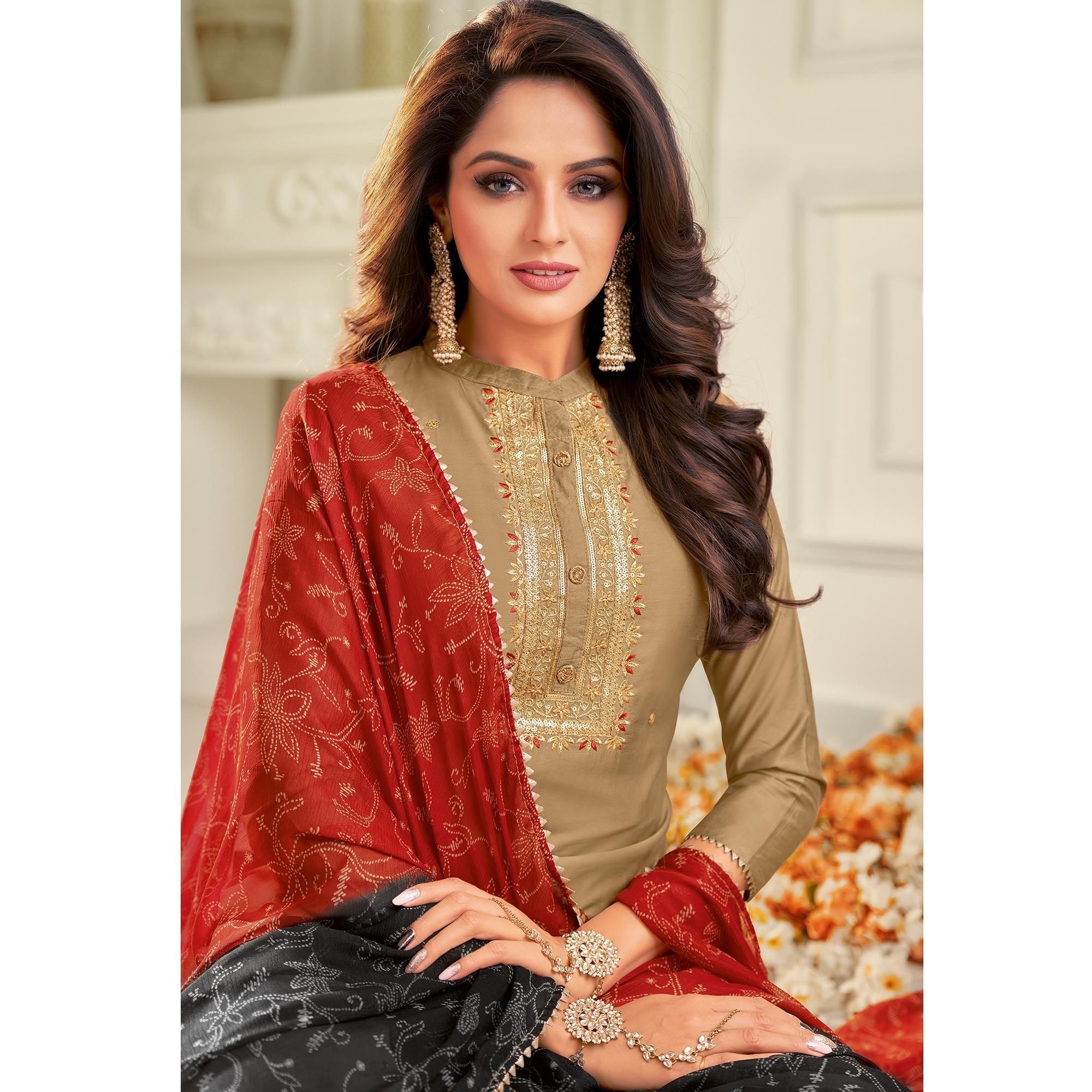 Innovative Beige Colored Casual Wear Embroidered Chanderi Dress Material - Peachmode