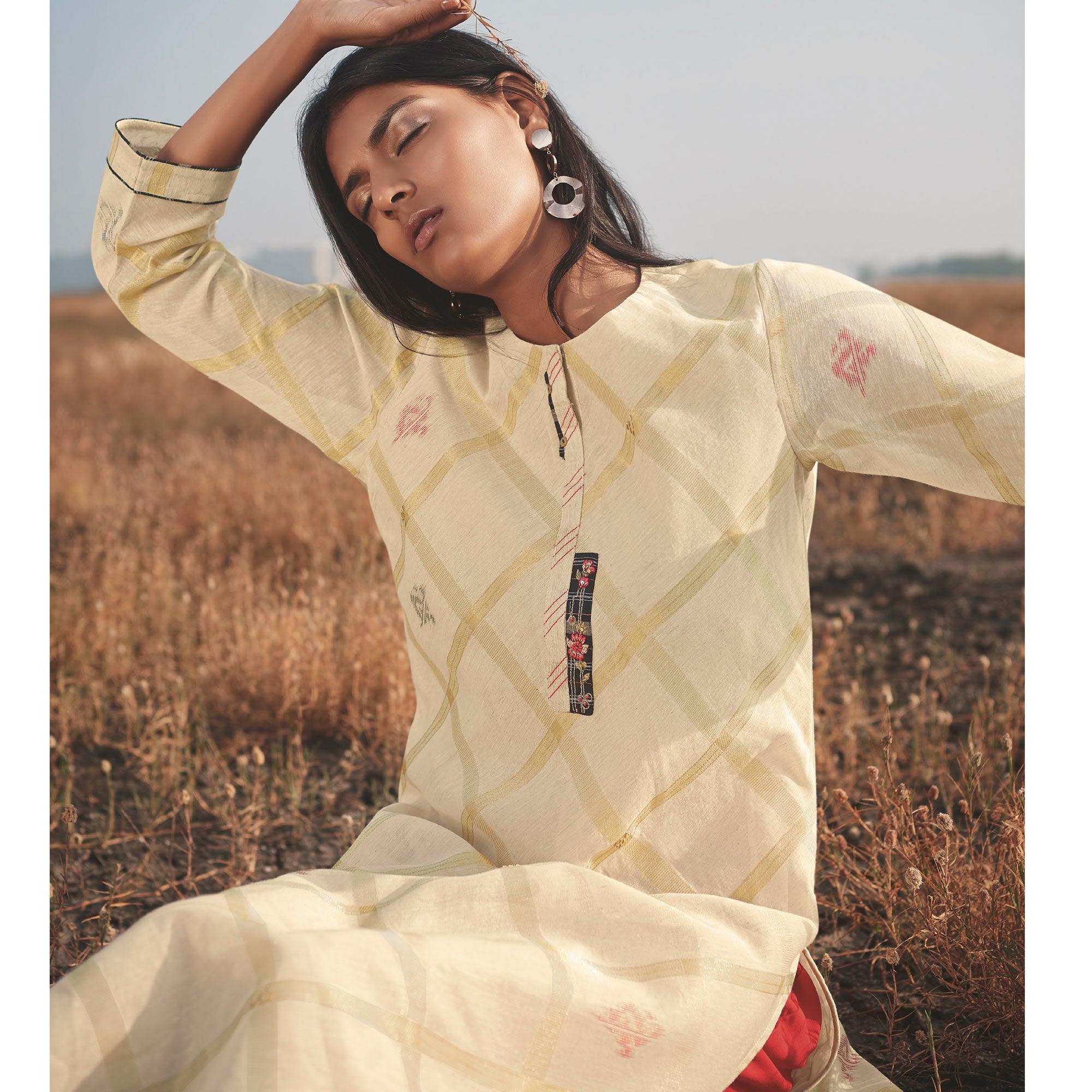 Innovative Beige Colored Party Wear Handwork Handloom Cotton Kurti-Pant Set - Peachmode