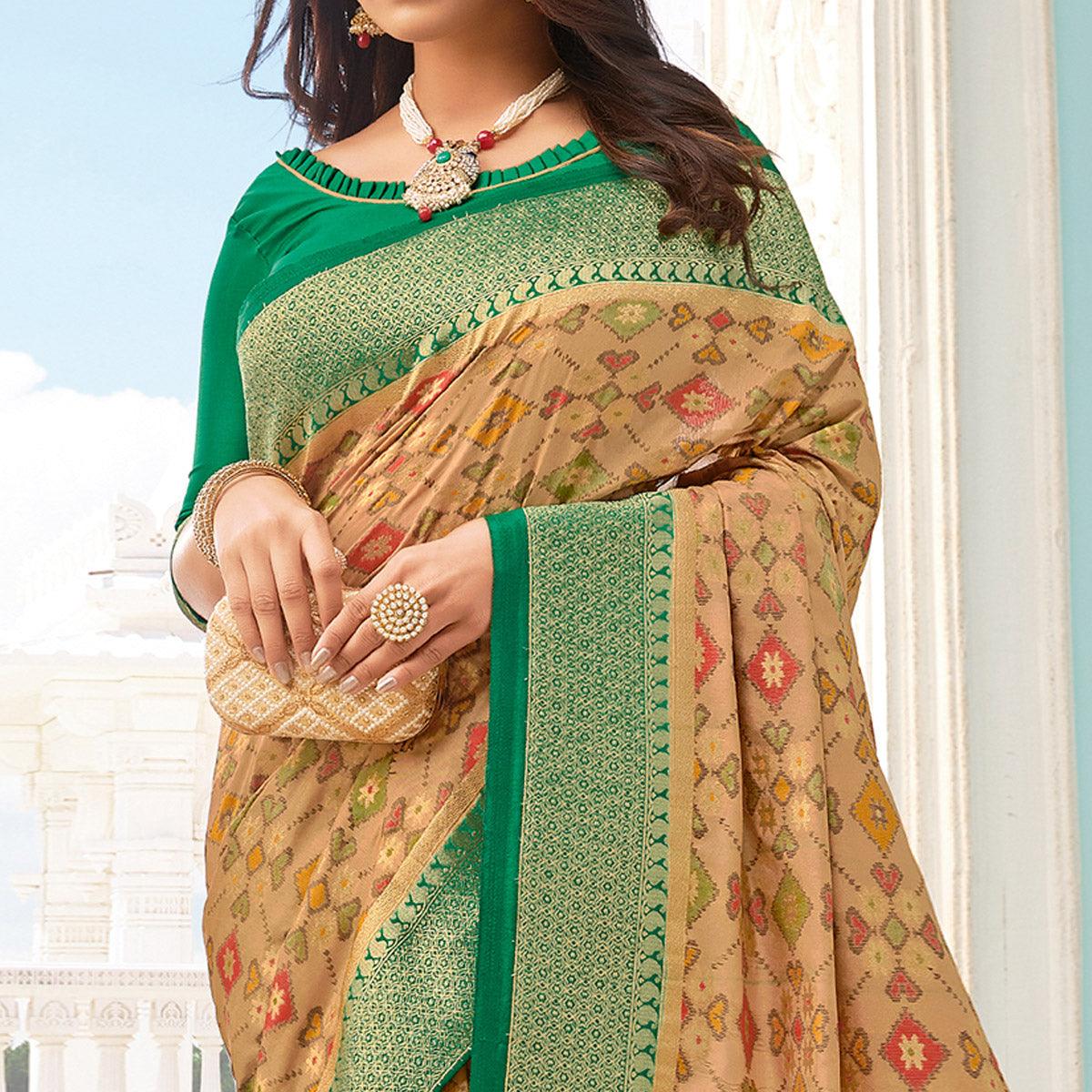 Innovative Beige - Green Colored Festive Wear Woven Pure Handloom Silk Saree - Peachmode