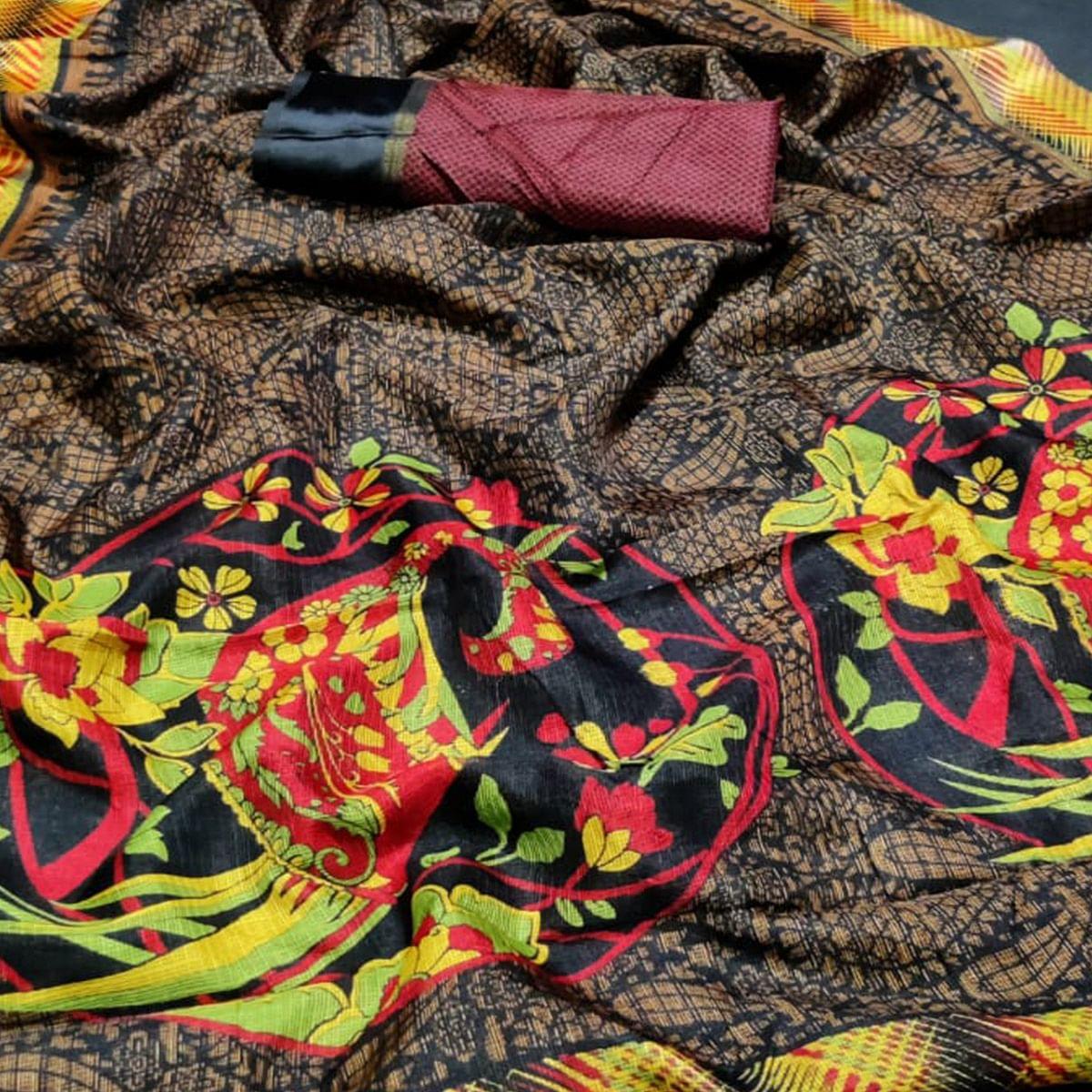 Innovative Black Colored Casual Wear Printed Silk Saree - Peachmode