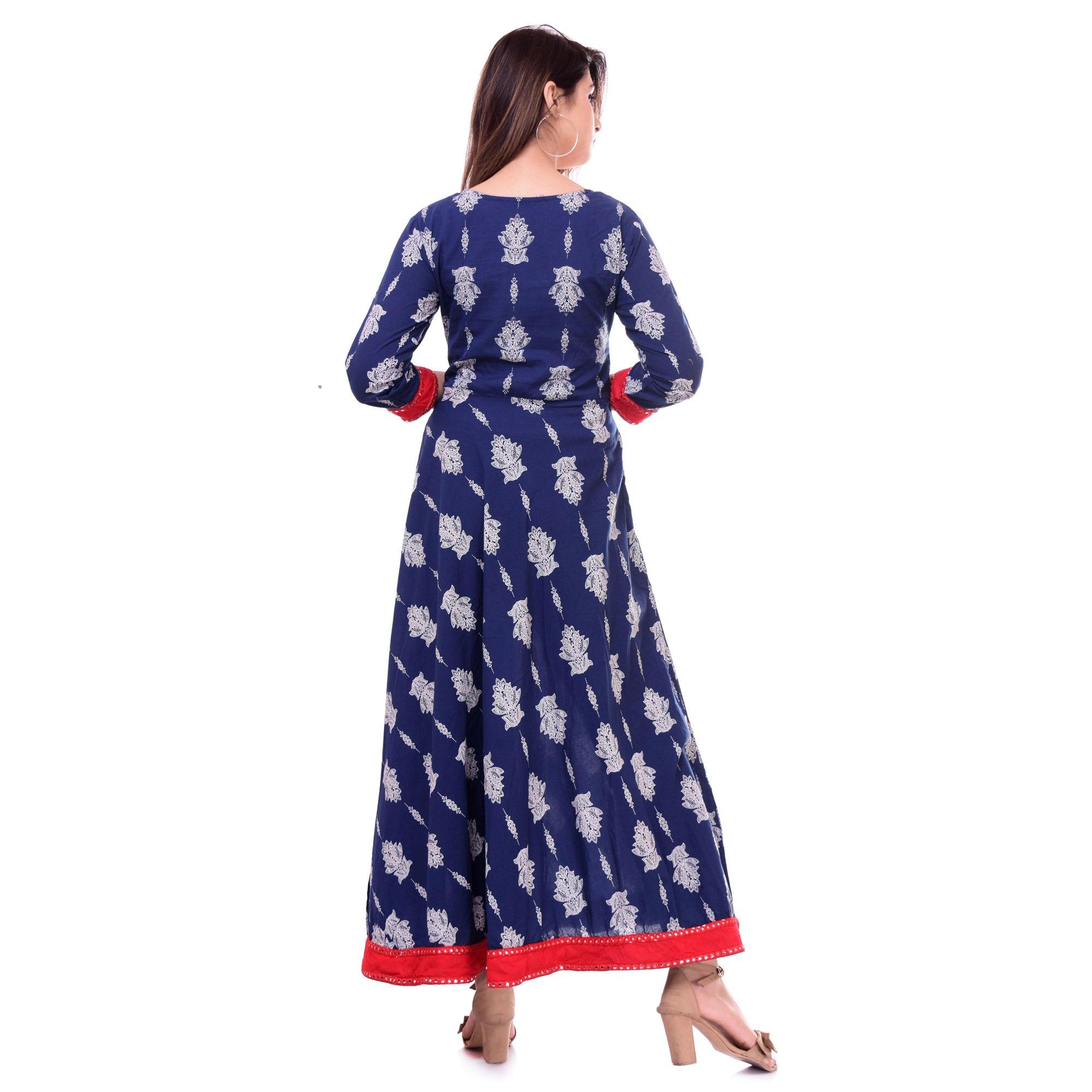 Innovative Blue Colored Casual Wear Floral Printed Cotton Kurti - Peachmode