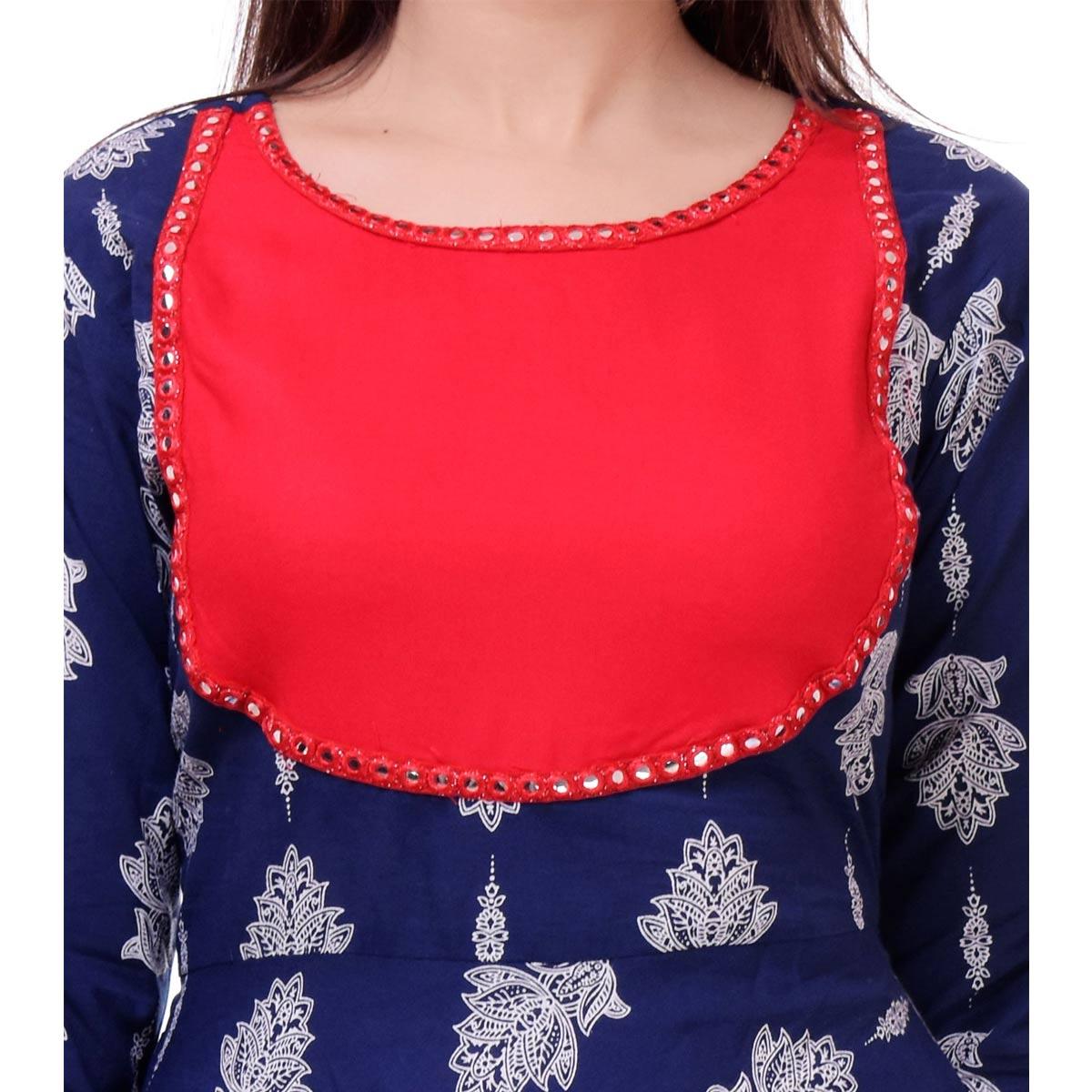 Innovative Blue Colored Casual Wear Floral Printed Cotton Kurti - Peachmode