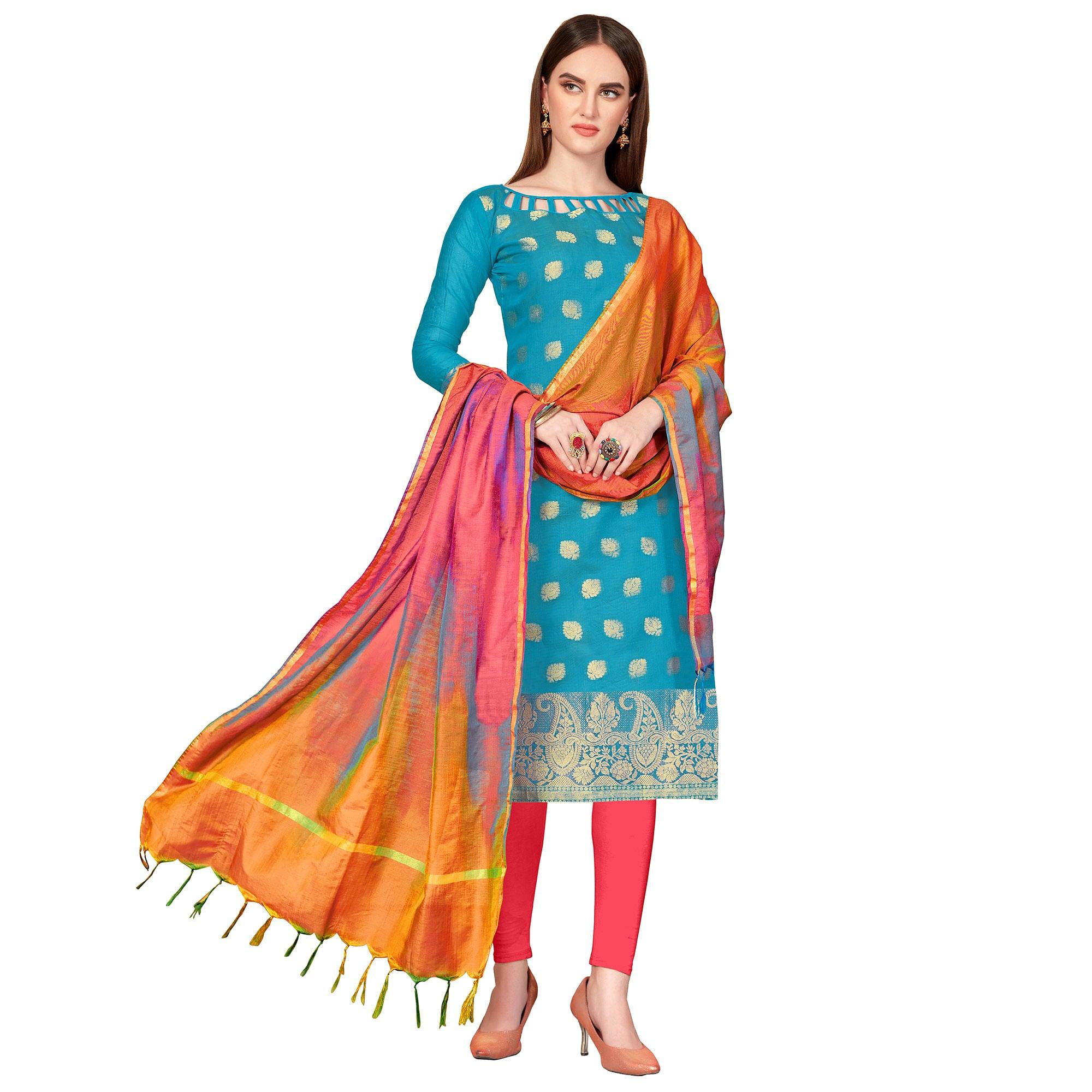 Innovative Blue Colored Casual Wear Woven Banarasi Silk Dress Material - Peachmode