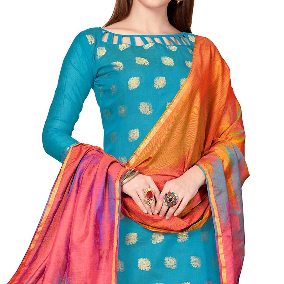 Innovative Blue Colored Casual Wear Woven Banarasi Silk Dress Material - Peachmode