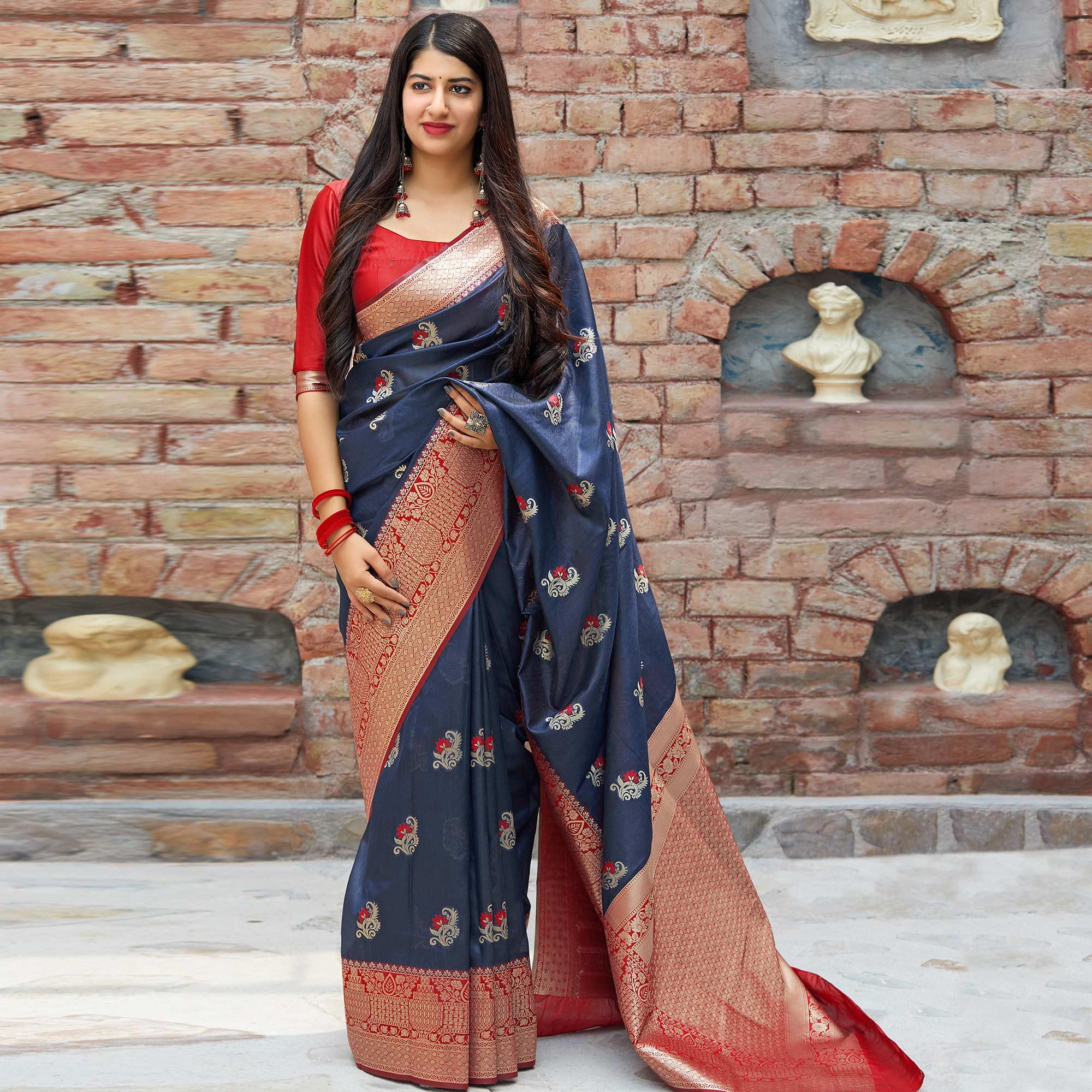Innovative Blue Colored Festive Wear Woven Banarasi Silk Saree - Peachmode