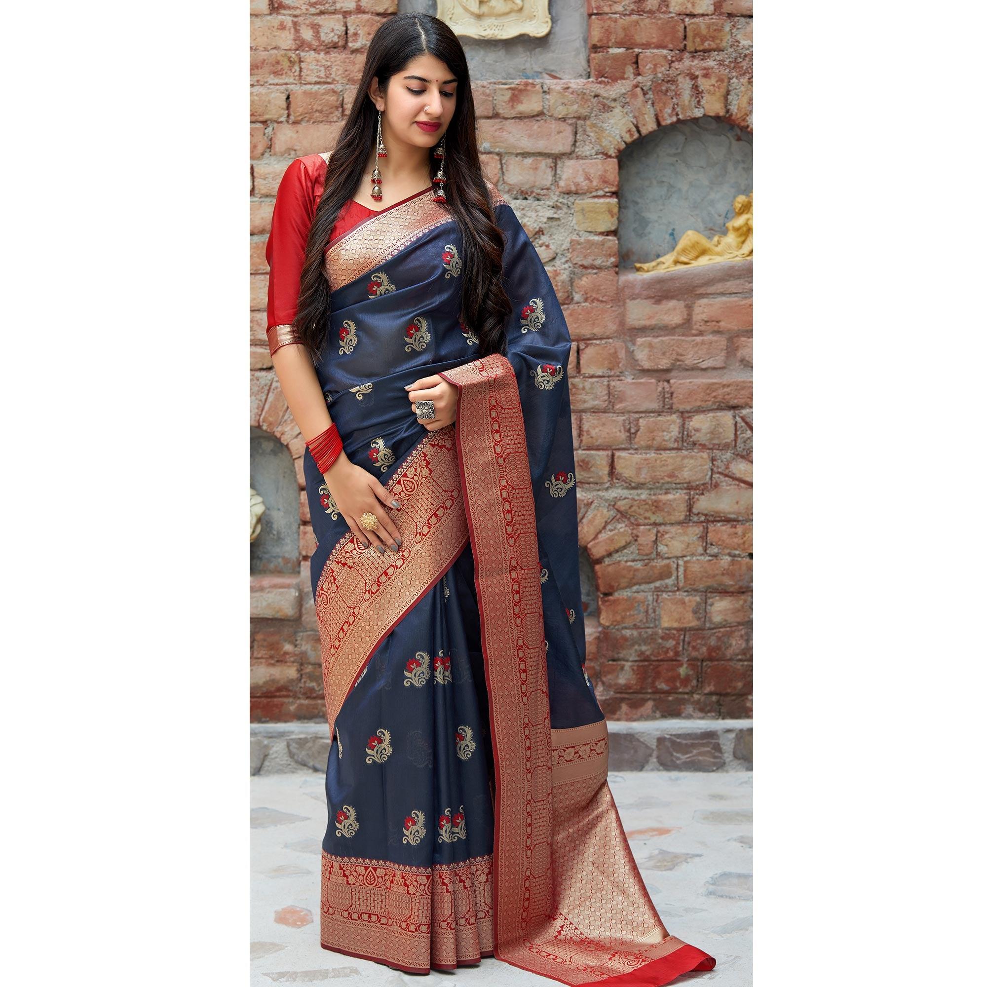 Innovative Blue Colored Festive Wear Woven Banarasi Silk Saree - Peachmode