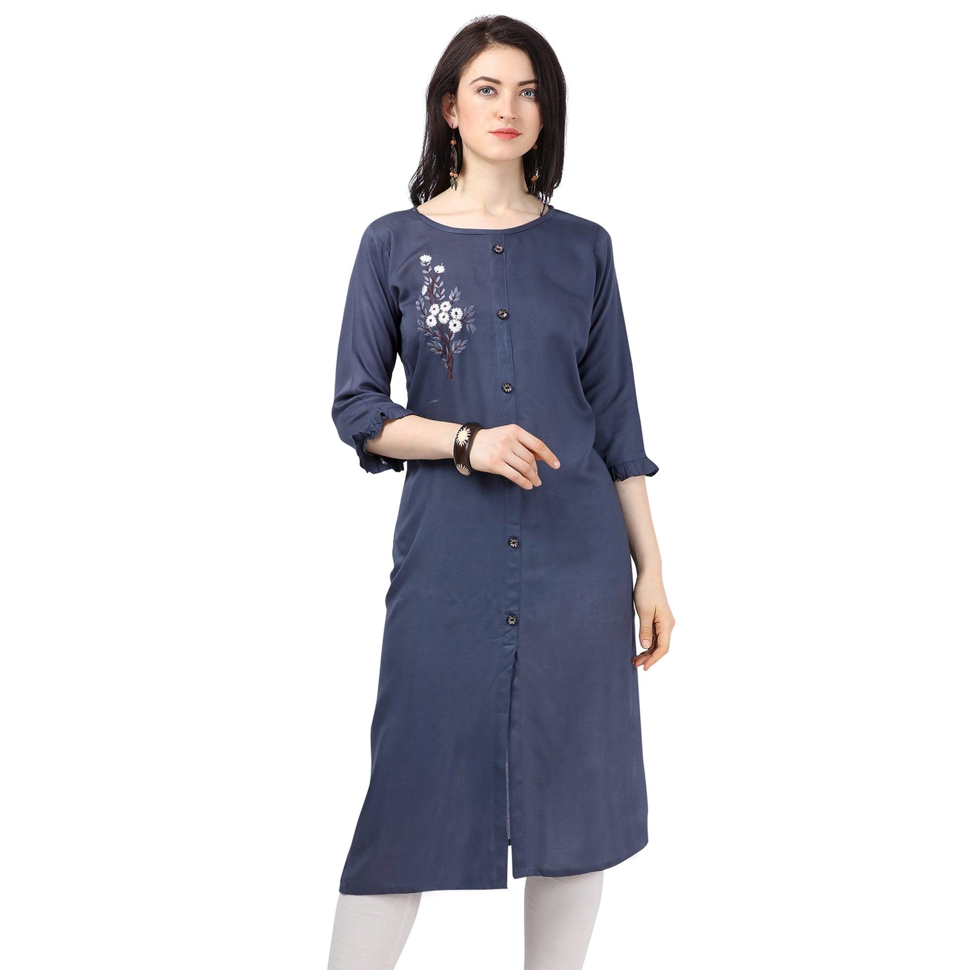 Innovative Blue Colored Partywear Embroidered Rayon Kurti - Peachmode