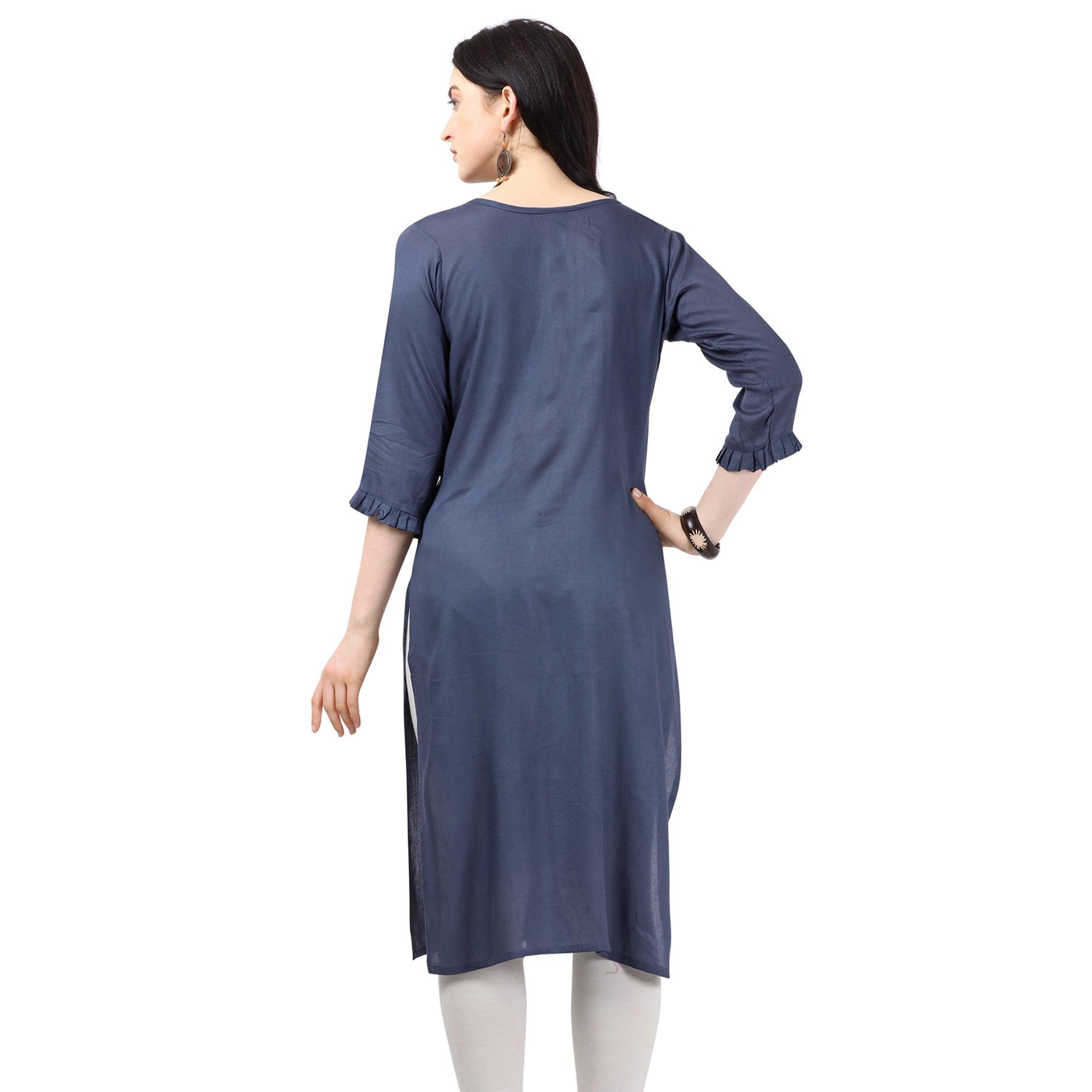 Innovative Blue Colored Partywear Embroidered Rayon Kurti - Peachmode