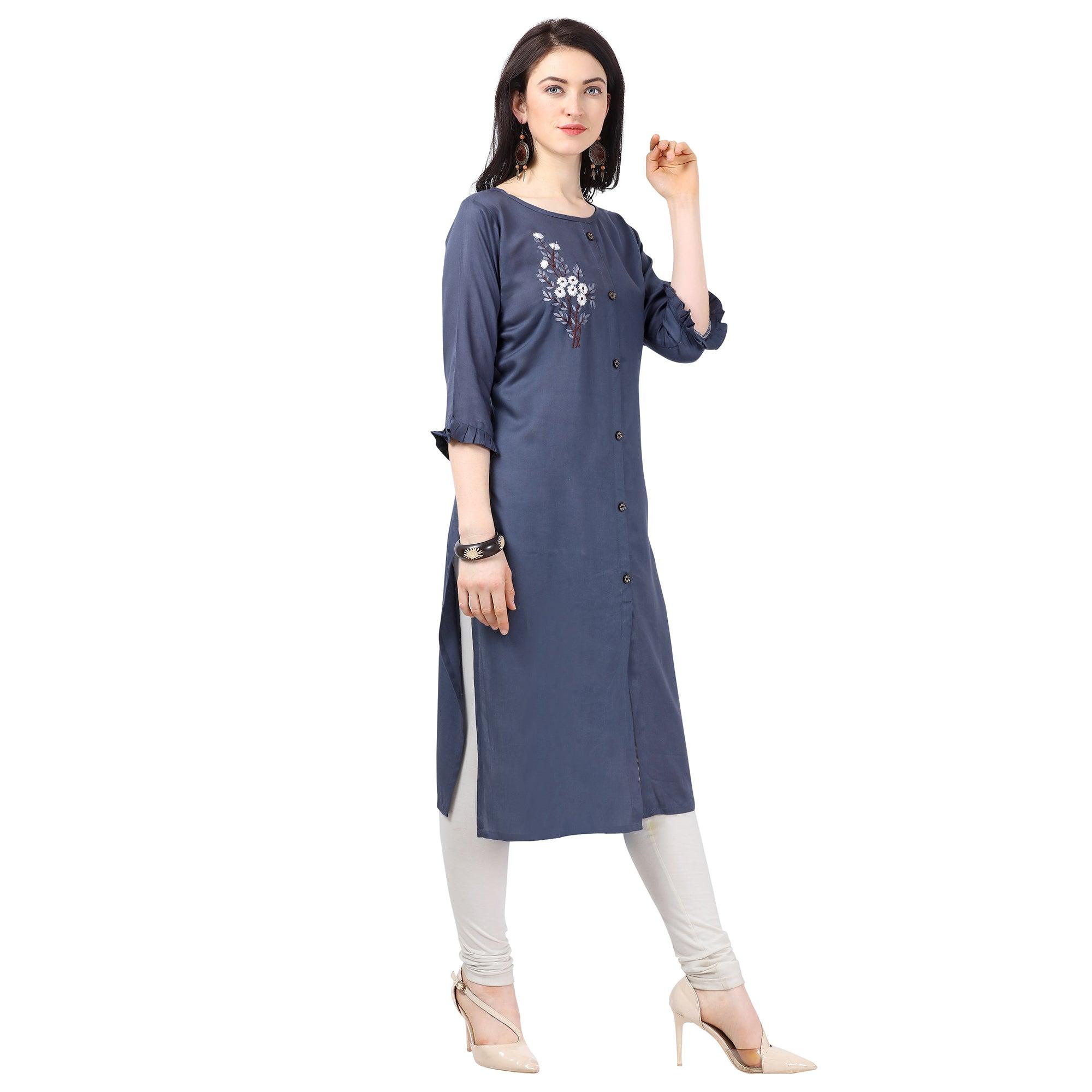 Innovative Blue Colored Partywear Embroidered Rayon Kurti - Peachmode