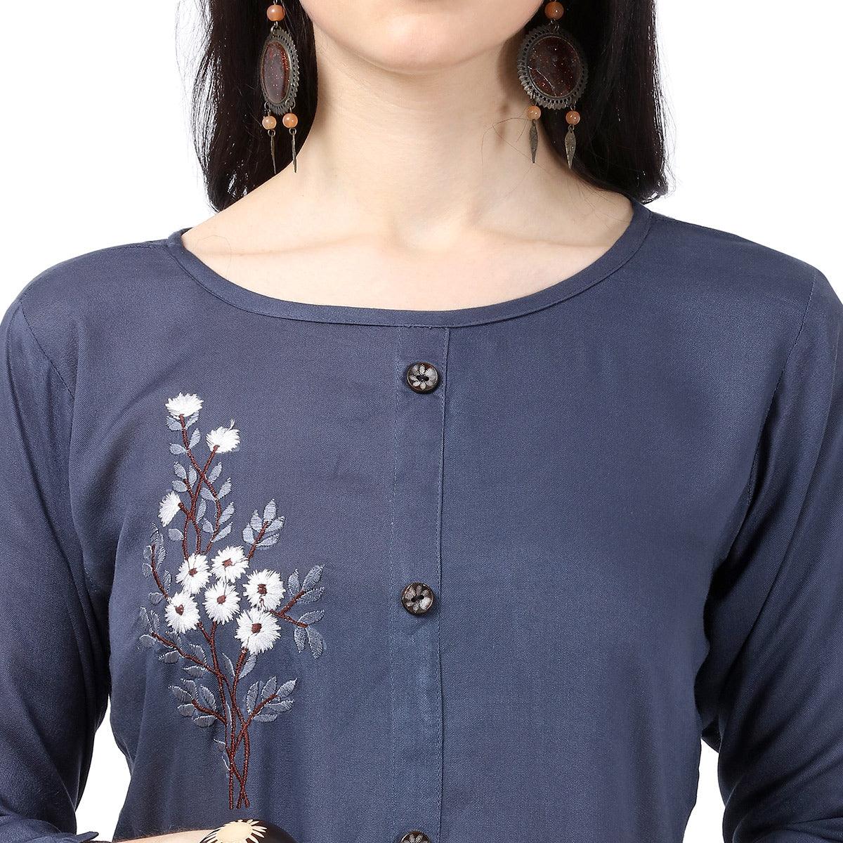Innovative Blue Colored Partywear Embroidered Rayon Kurti - Peachmode