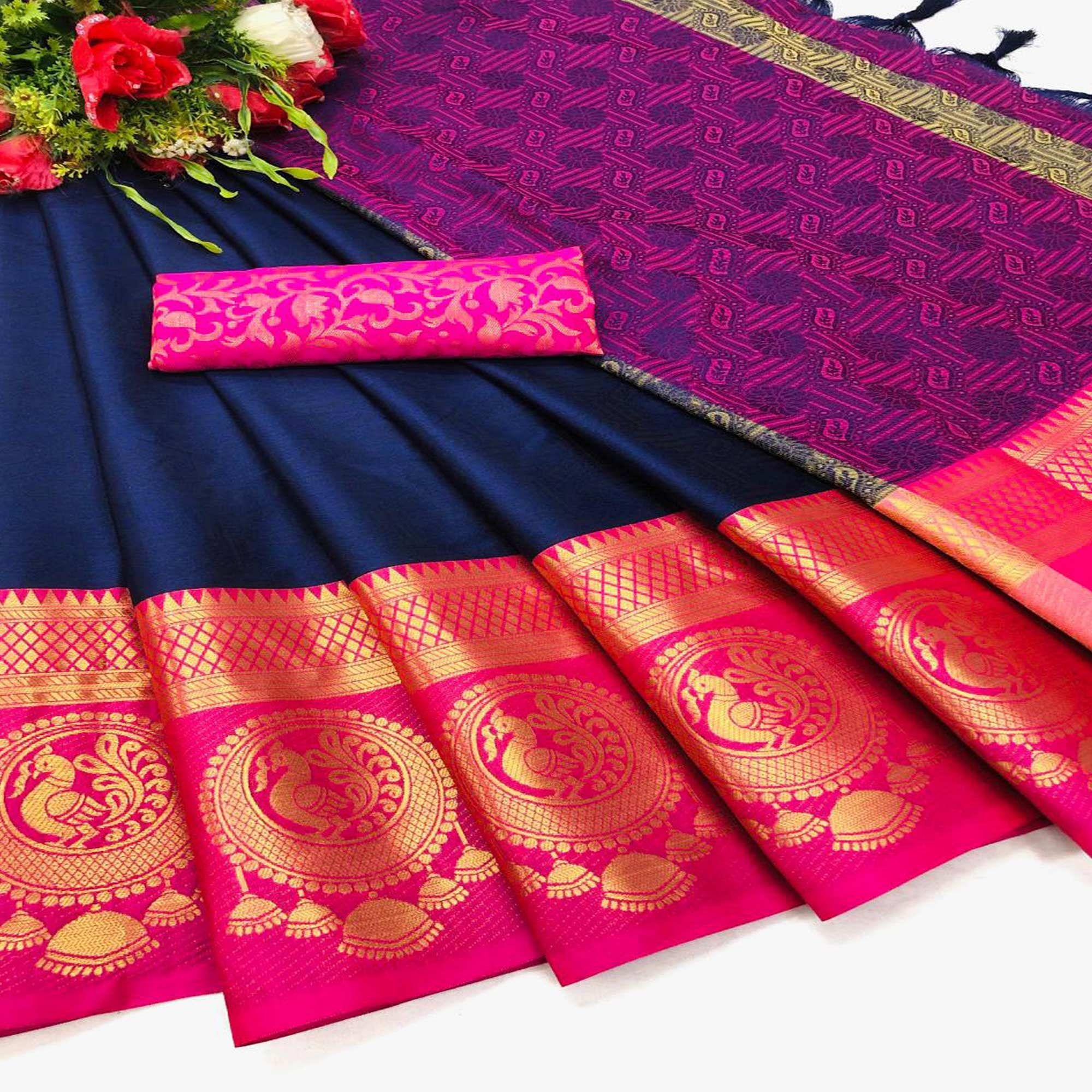 Innovative Blue Coloured Casual Wear Printed Self Cotton Silk Saree - Peachmode