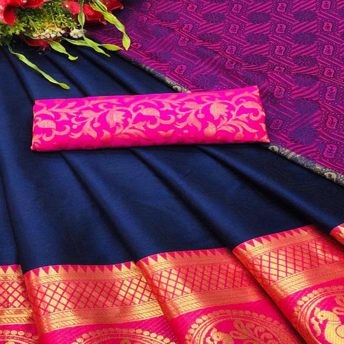 Innovative Blue Coloured Casual Wear Printed Self Cotton Silk Saree - Peachmode