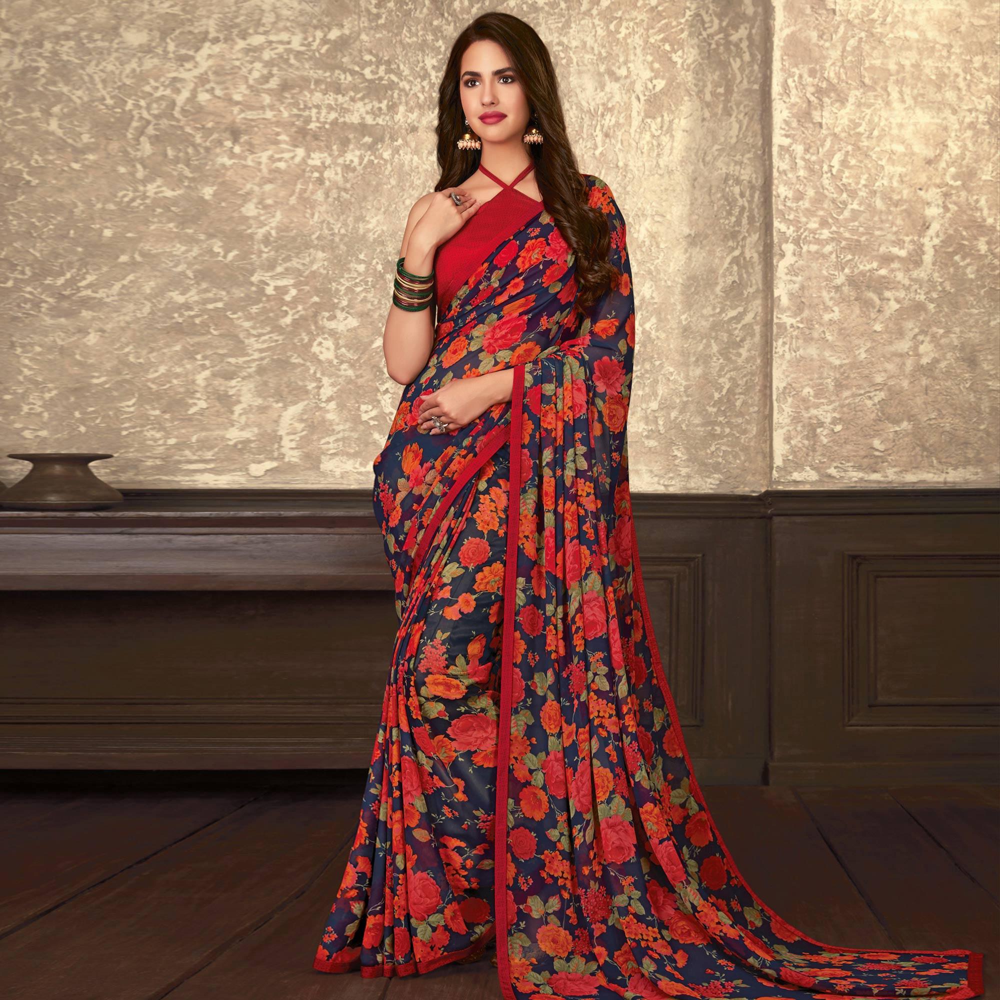 Innovative Blue-Red Colored Casual Wear Floral Printed Georgette Saree - Peachmode