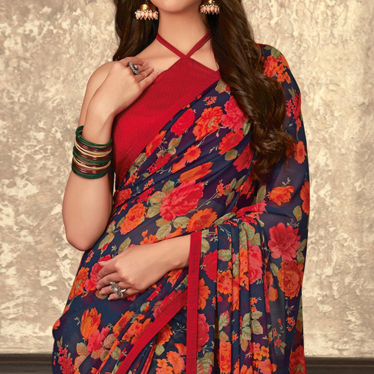 Innovative Blue-Red Colored Casual Wear Floral Printed Georgette Saree - Peachmode