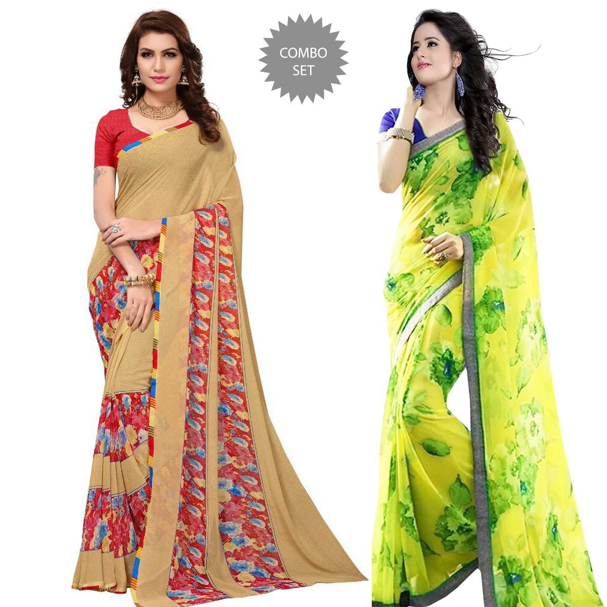 Innovative Casual Printed Georgette Saree - Pack of 2 - Peachmode