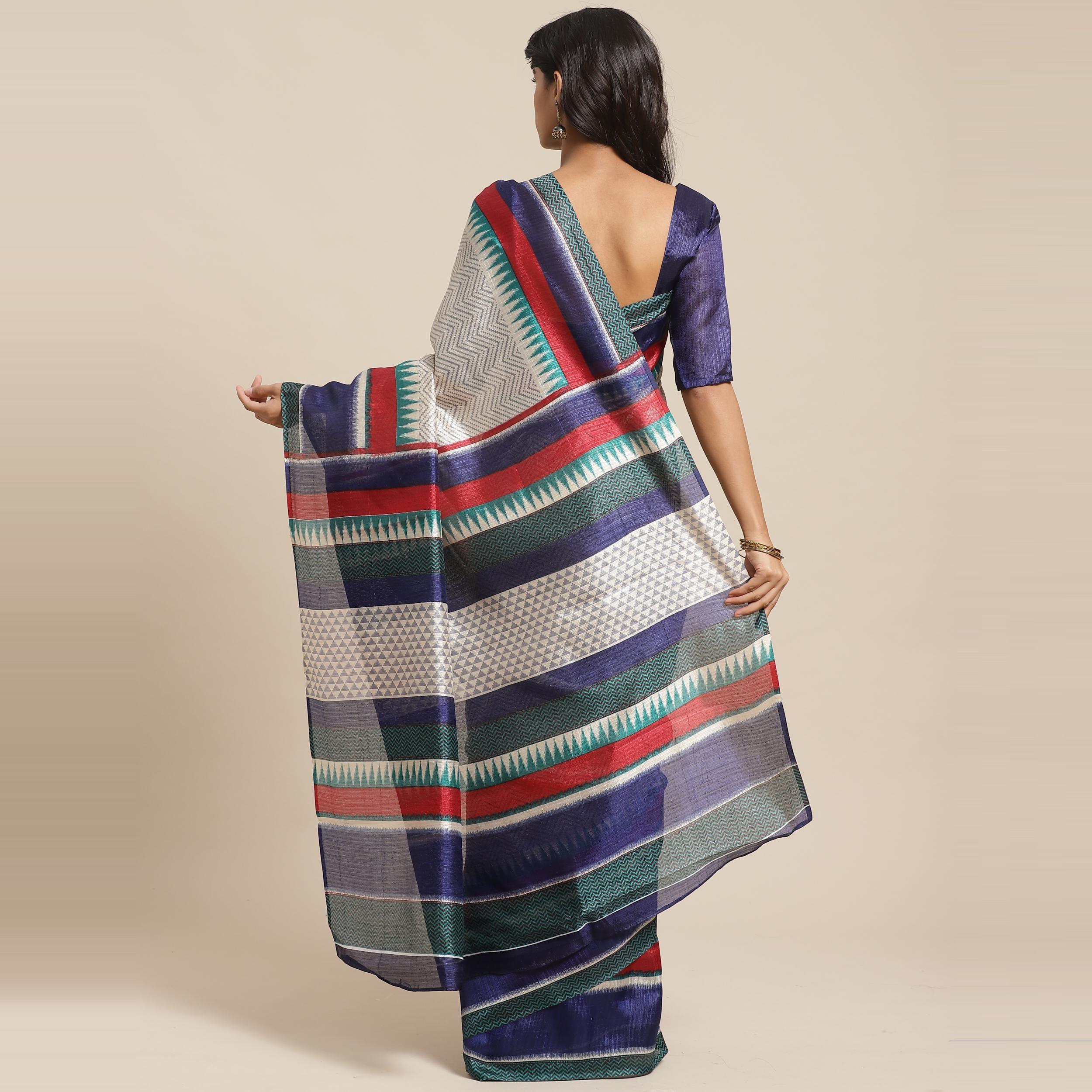 Innovative Cream Colored Casual Wear Printed Art Silk Saree - Peachmode