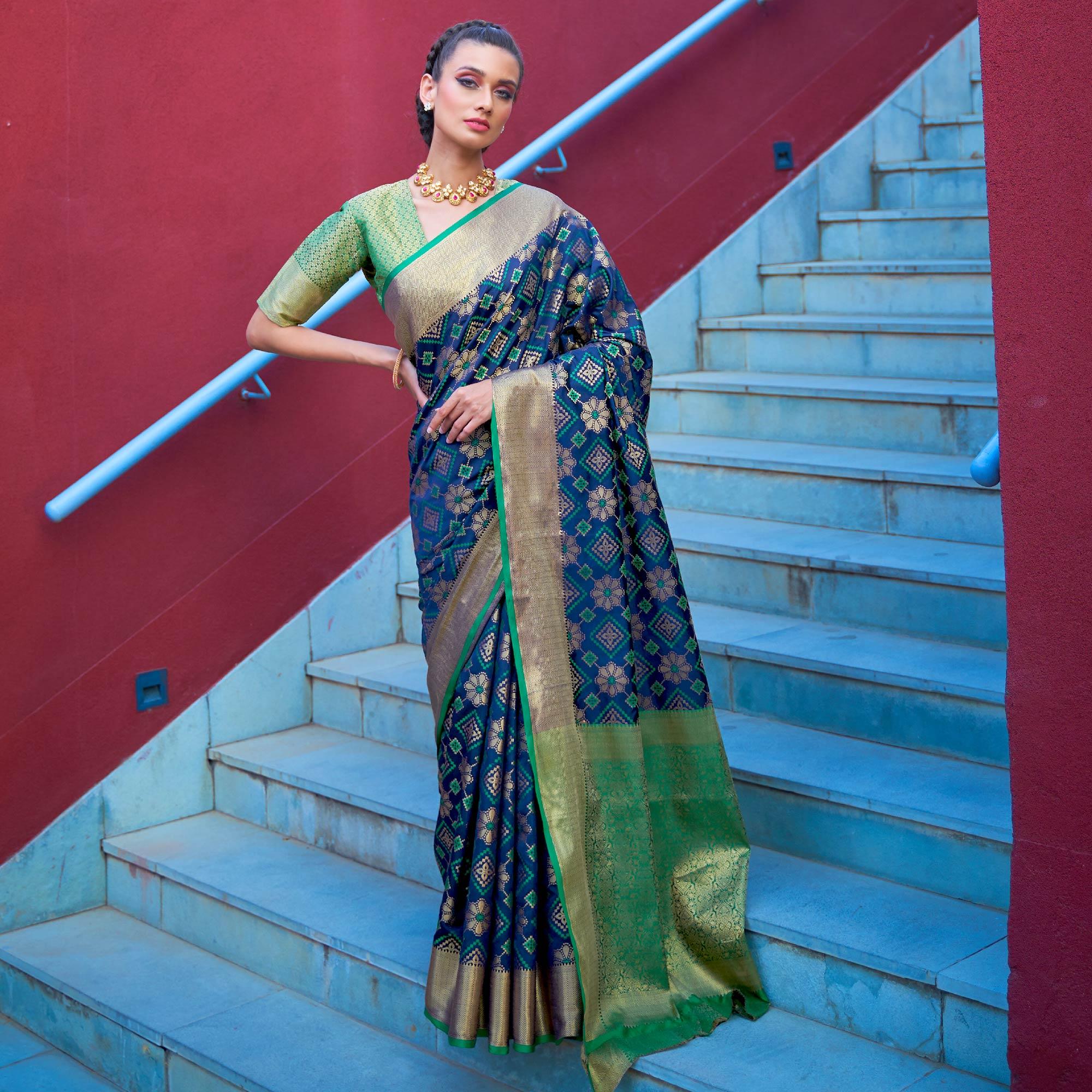 Innovative Dark Blue Colored Festive Wear Woven Silk Saree - Peachmode