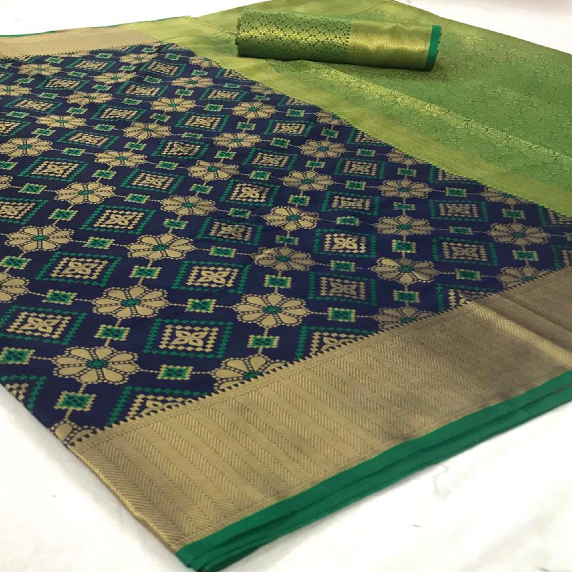 Innovative Dark Blue Colored Festive Wear Woven Silk Saree - Peachmode