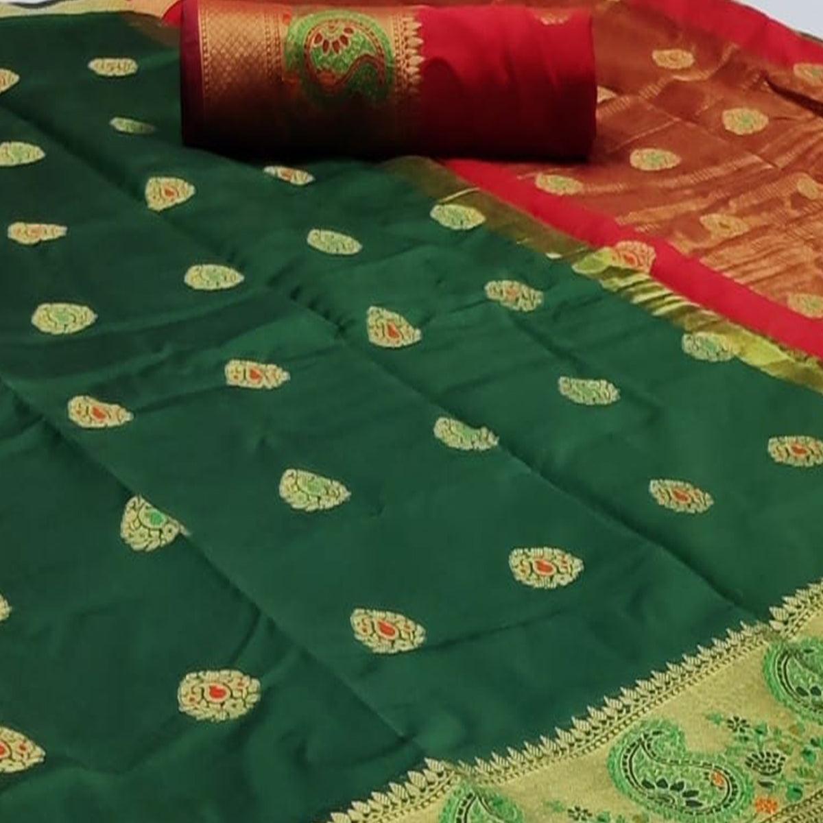 Innovative Dark Green Colored Festive Wear Woven Soft Silk Saree - Peachmode