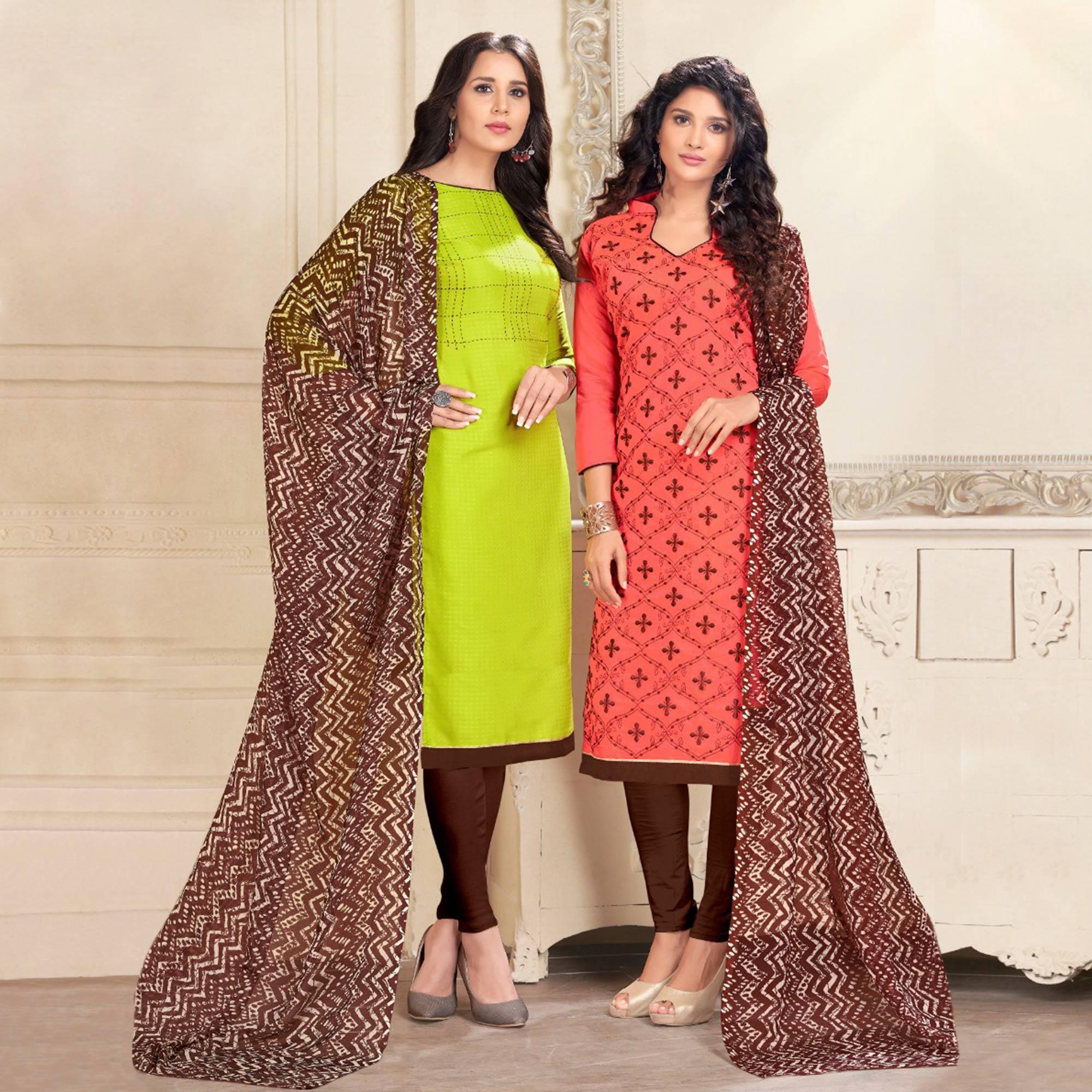 Innovative Green And Pink Colored Dual Top Chanderi - Cotton Dress Material - Peachmode