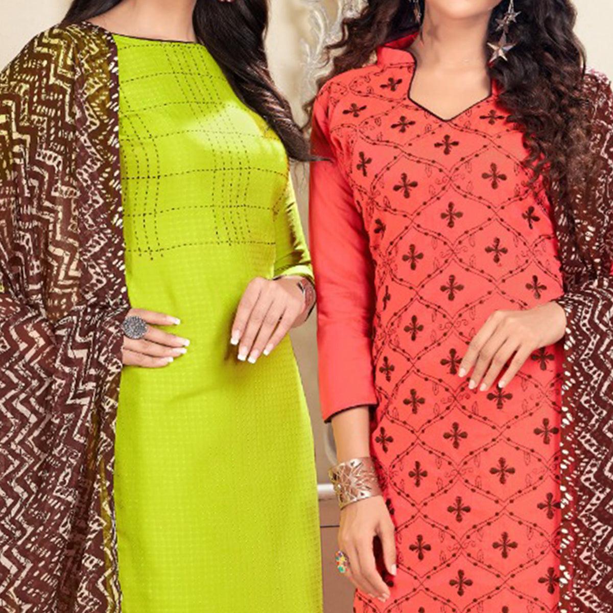 Innovative Green And Pink Colored Dual Top Chanderi - Cotton Dress Material - Peachmode