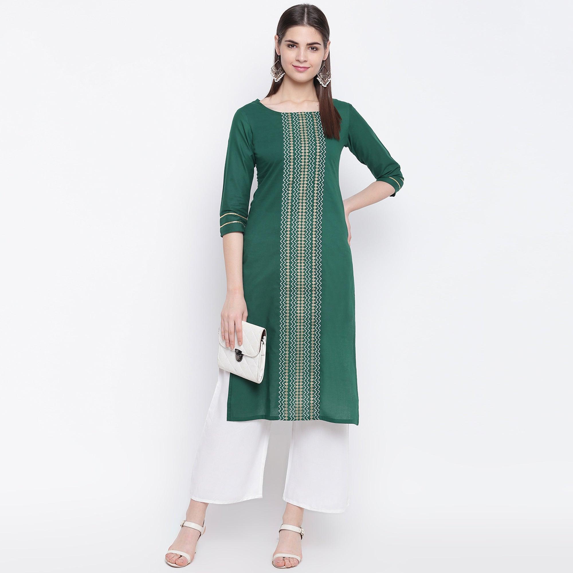 Innovative Green Colored Casual Wear Printed Cotton Kurti - Peachmode