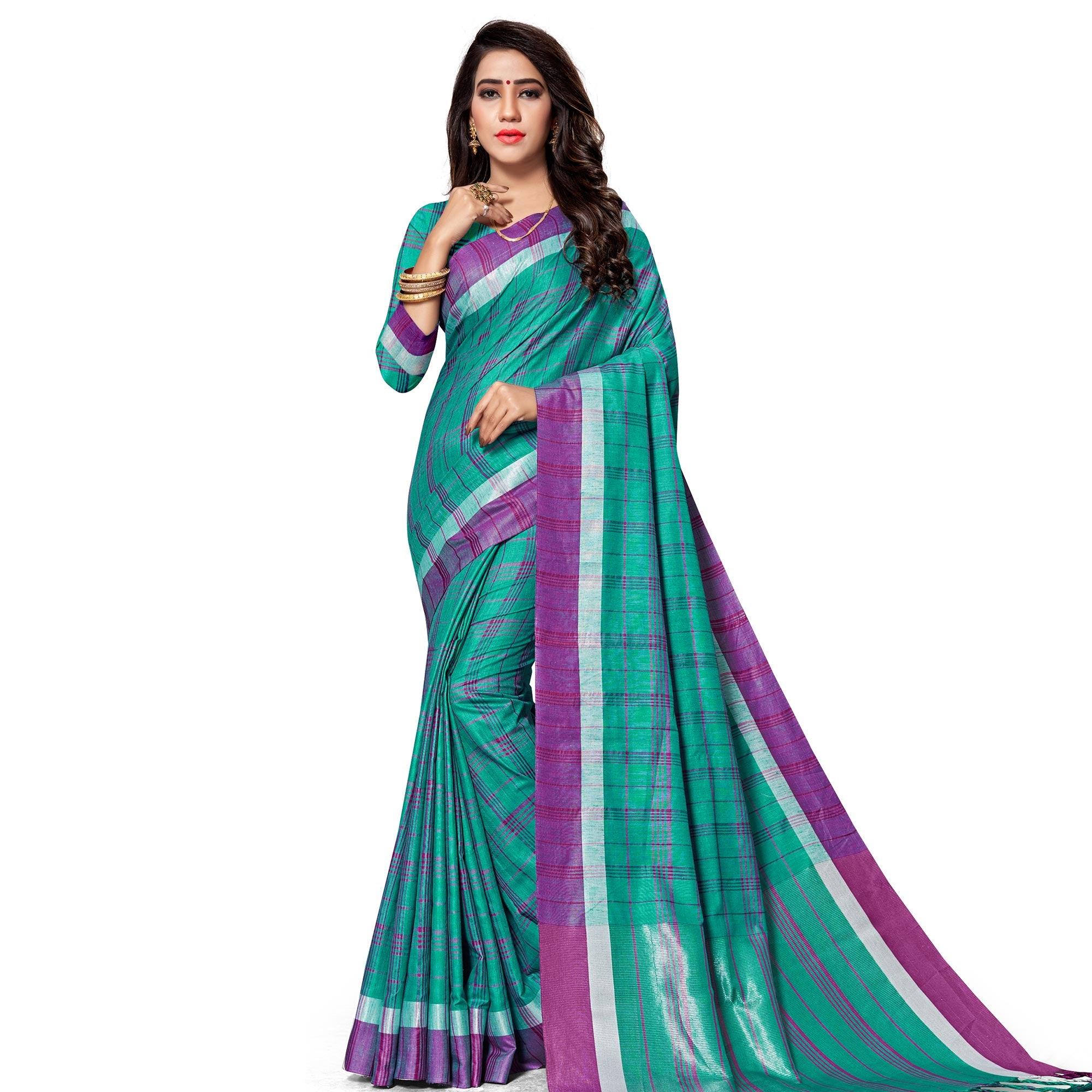 Innovative Green Colored Fesive Wear Stripe Print Cotton Silk Saree With Tassels - Peachmode