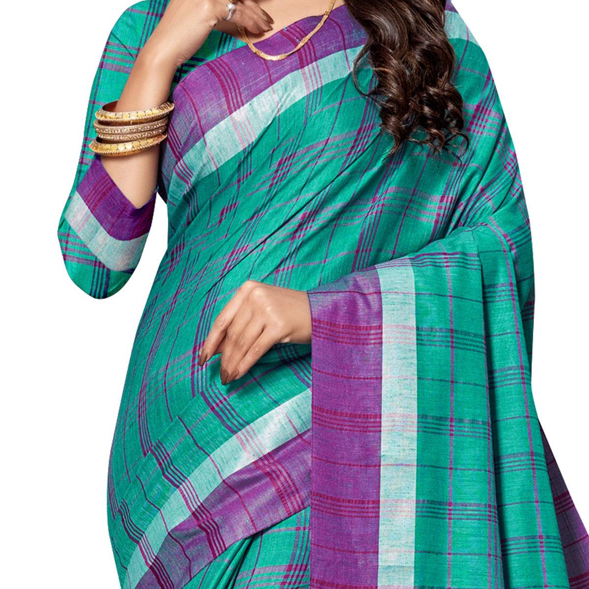 Innovative Green Colored Fesive Wear Stripe Print Cotton Silk Saree With Tassels - Peachmode