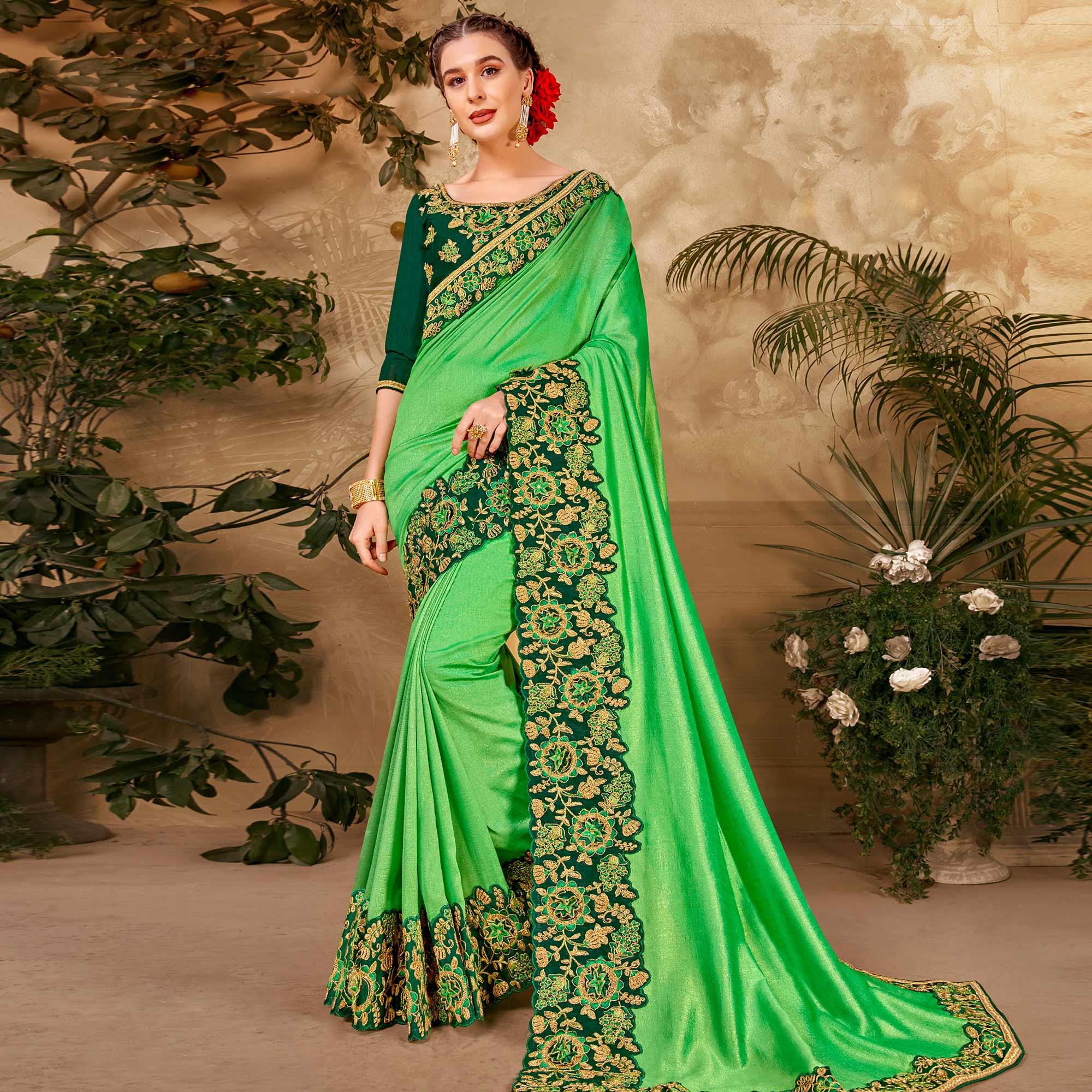 Innovative Green Colored Festive Wear Embroidered Vichitra Silk Saree - Peachmode