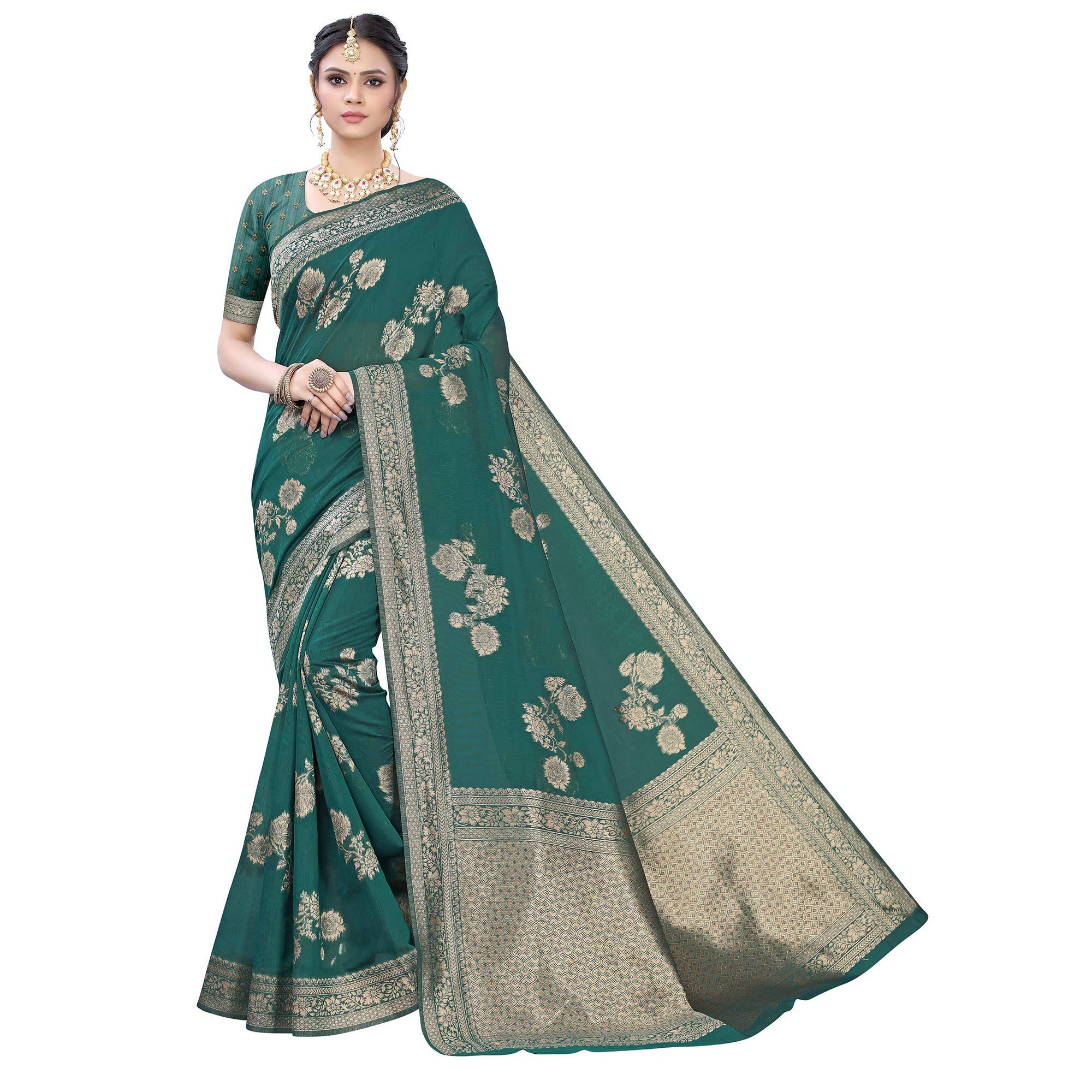 Innovative Green Colored Festive Wear Woven Banarasi Cotton Saree - Peachmode