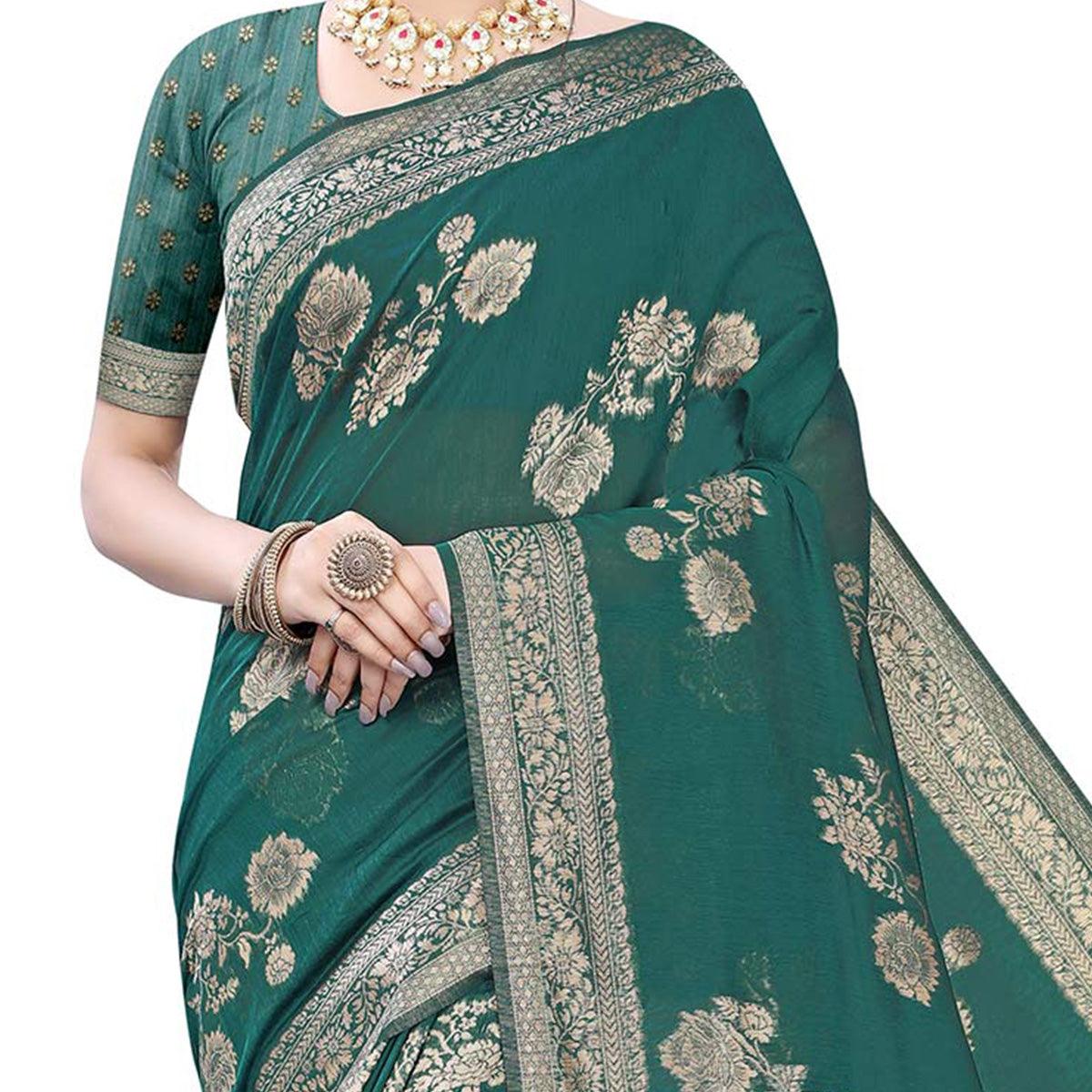 Innovative Green Colored Festive Wear Woven Banarasi Cotton Saree - Peachmode